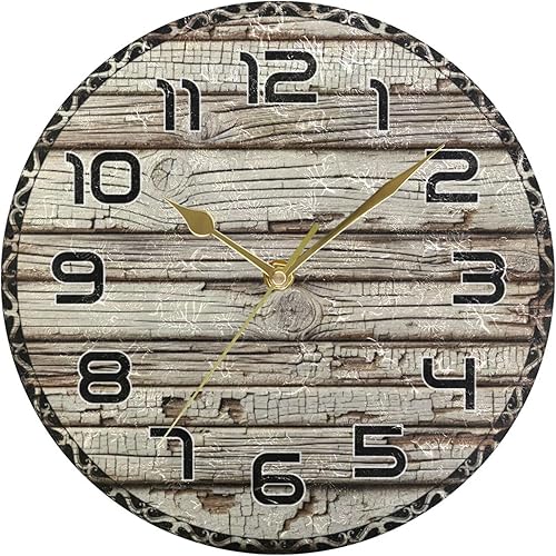Old Wooden Wall Clock 10 Inch Silent Non-Ticking Battery Operated Clock Decorative for Kitchen, Bathroom, Bedroom, Living Room