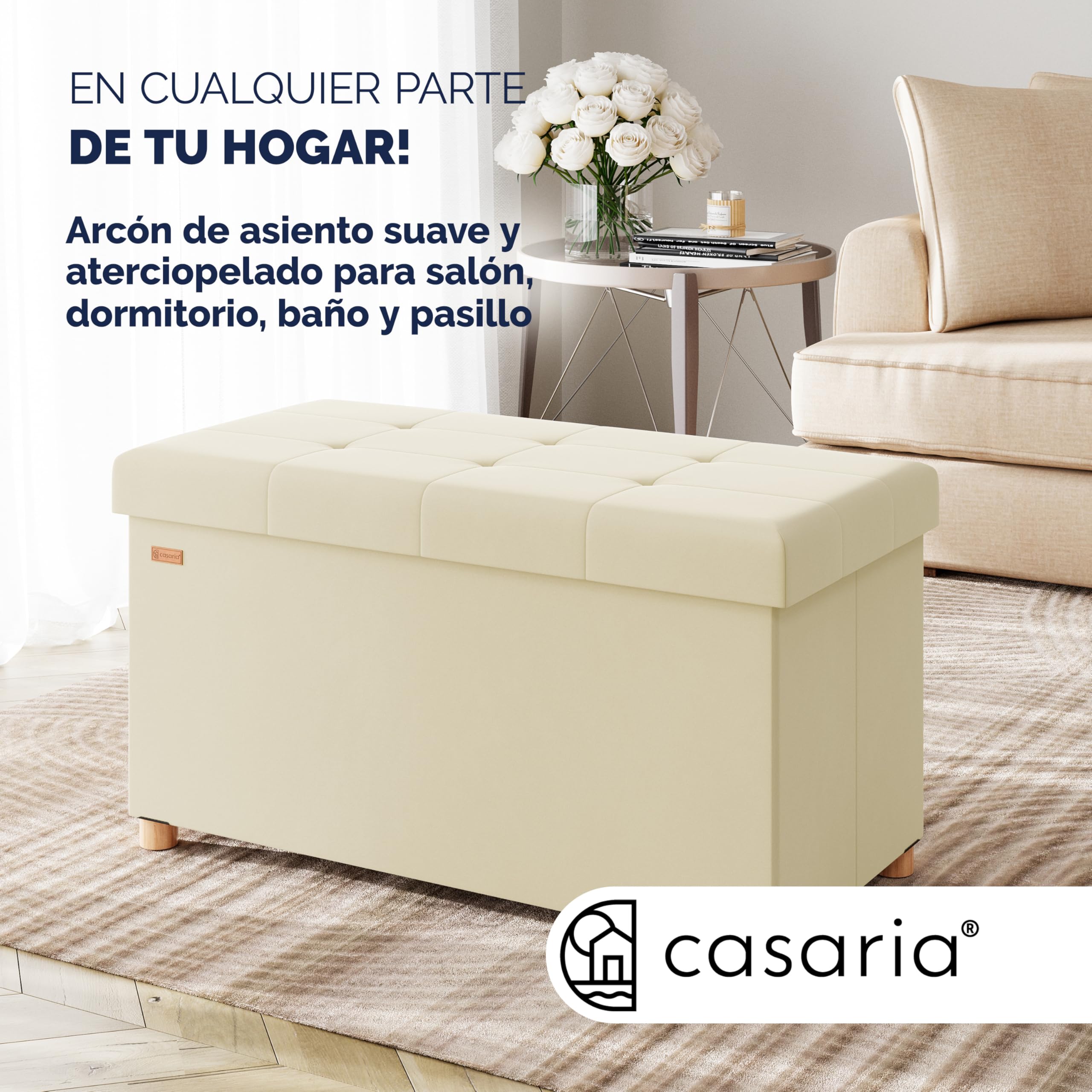 CASARIA® Banco Almacenaje Terciopelo Puff Plegable Capacidad Carga hasta 300kg Resistente 38x76x42cm Patas Madera Reposapies Salon Dormitorio Otomana Beige