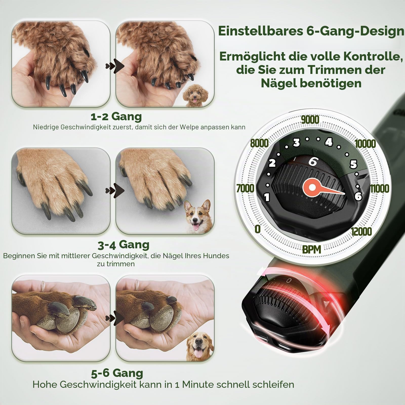 Gimars Krallenschleifer für Hunde 6-Gang Mit 2 LED-Licht, Superleise, 12000RPM Verstellbare Hunde Krallenschleifer mit USB, Geeignet für Katzen und Hunde, Armeegrün