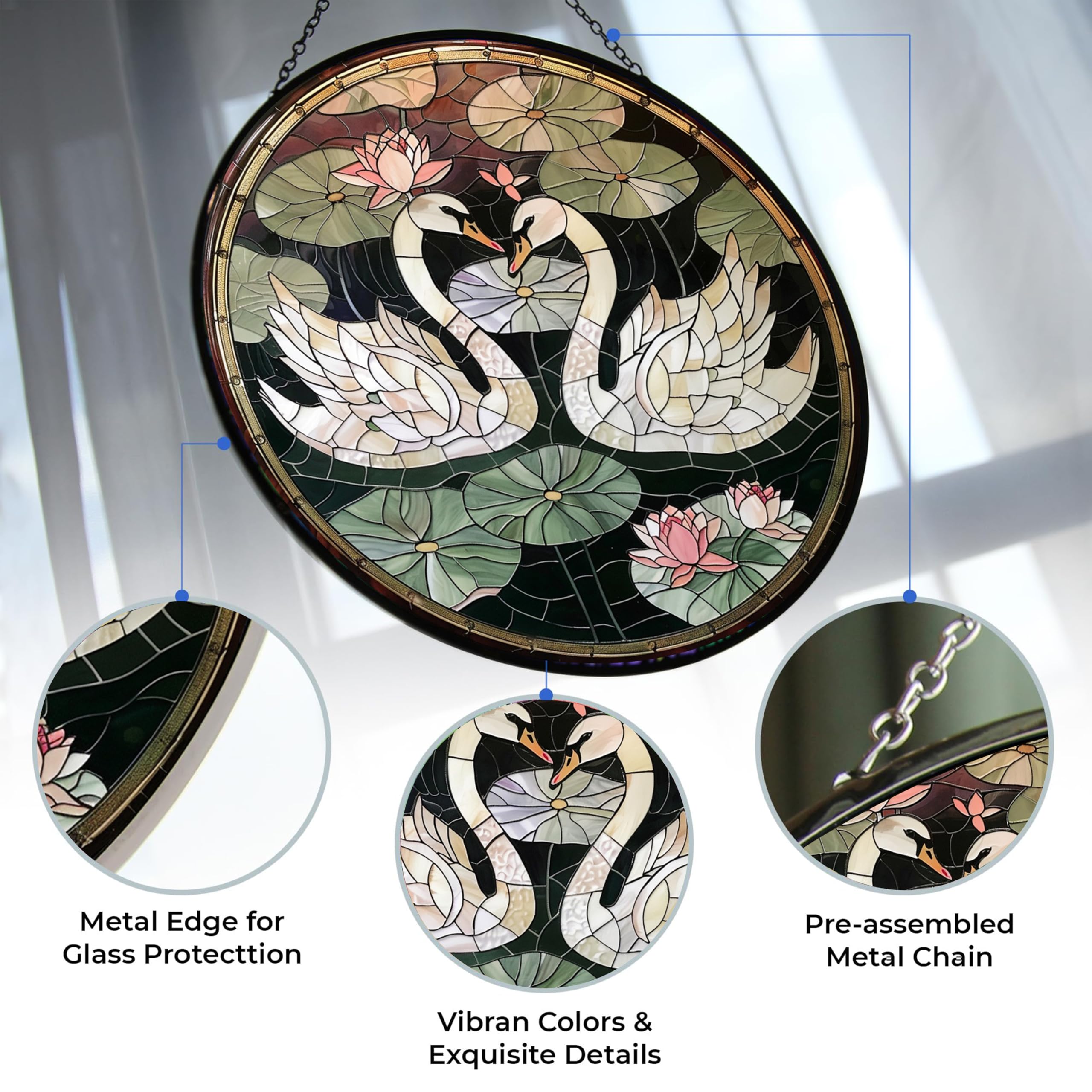 365CUSGIFTS Graceful Swan Stained Glass Suncatcher Four Season Theme Colorful Leaves Window Wall Hanging Ornament Hand-Painted Glass Panel Decor Gift for Women Christmas Thanksgiving Gift 6.3