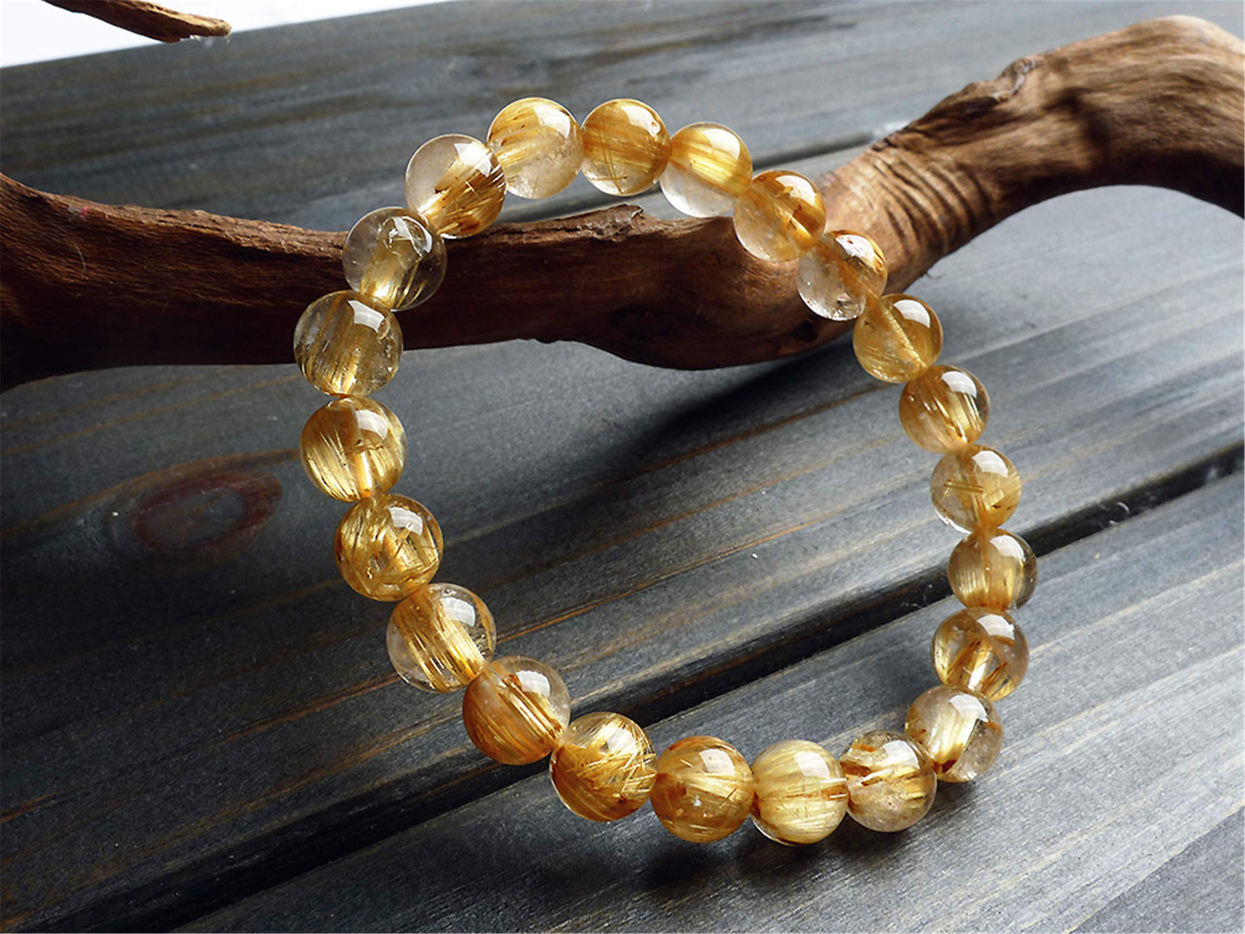 Bracciale elasticizzato con perline rotonde di cristallo di quarzo rutilato giallo naturale da 9 mm AAA
