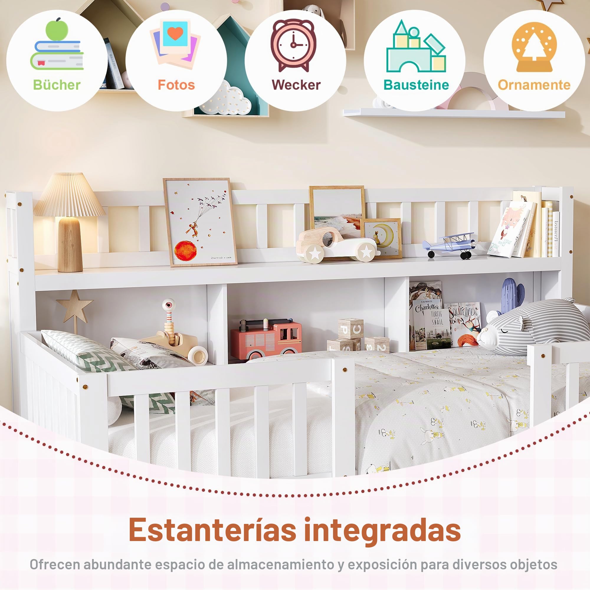 Cama infantil de 90 x 200 cm con escritorio, cama Montessori con protección anticaída y somier, estantería, cama de suelo, cama de madera maciza, marco de cama, color blanco (sin colchón)
