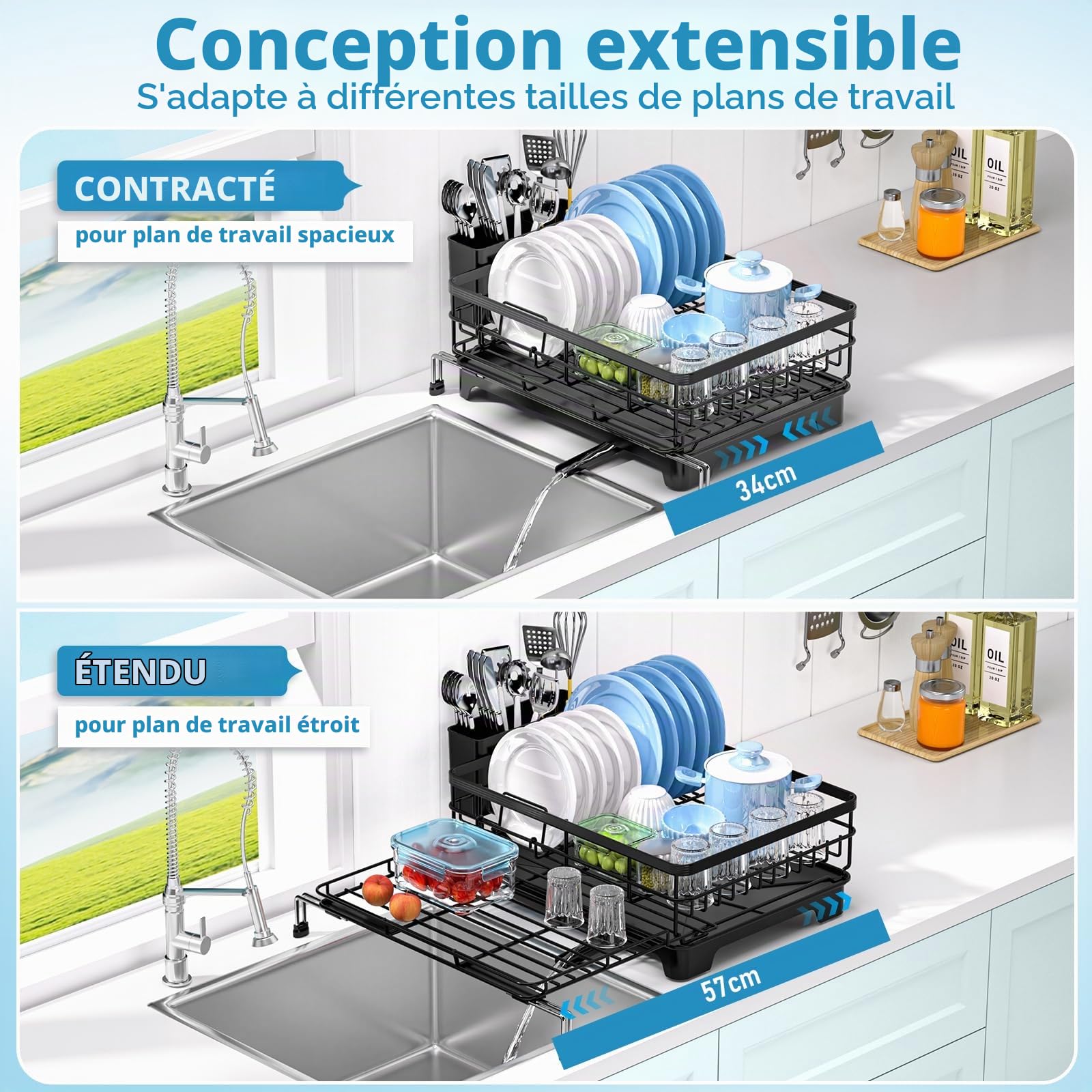 Expandable Dish Drying Rack with Utensil Holder and Drip Tray, Kitchen Counter Drying Rack with Swivel Drainage Spout, Drainer on Sink, Black
