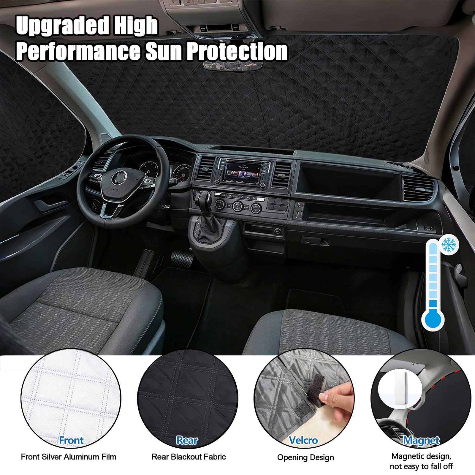 Parasol Parabrisas Coche para VW T5 T6,3 Piezas Protector Parasol Delantero Coche,Parasoles Termicos para Furgonetas,Cubierta Parabrisas de Coche Interna de Lujo,Protección UV,Plegable