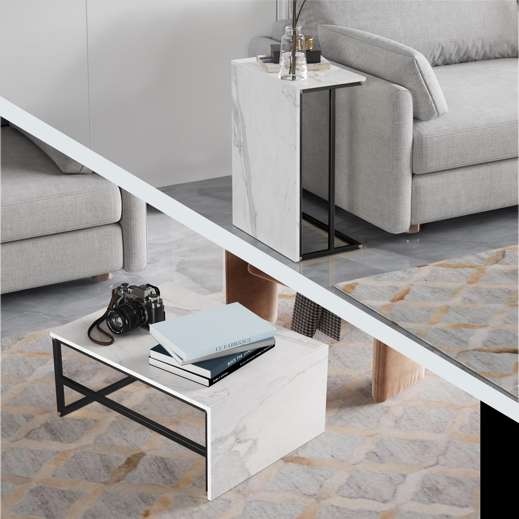 Set di 2 tavolini rettangolari, effetto marmo, con telaio in metallo, per soggiorno, soggiorno, soggiorno, balcone, ufficio, nero, 105 x 52 x 48,5 cm