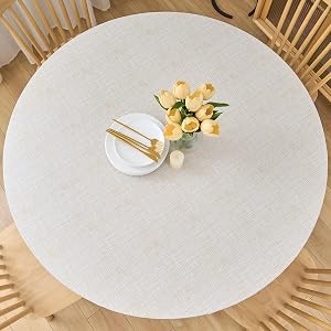 LIBERECOO Round Vinyl Fitted Tablecloth with Flannel Backing Elastic Edge Table Cover Waterproof Stain-Resistant Wipeable Tablecloths Fits 40-44 Inch Round Tables