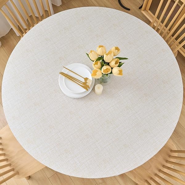 LIBERECOO Round Vinyl Fitted Tablecloth with Flannel Backing Elastic Edge…