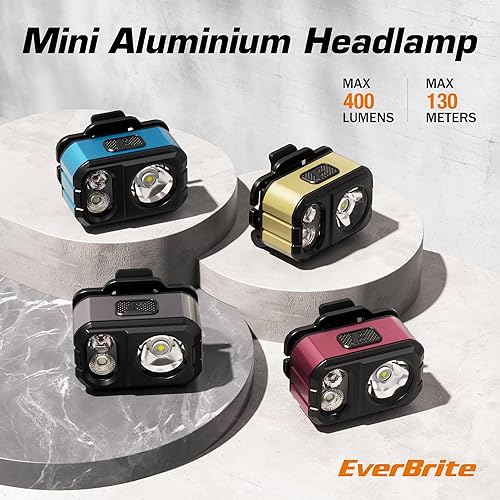 Miniatura 8 de EverBrite Linterna frontal LED recargable, solo 1.59 onzas ultra ligera con clip para sombrero, IP67 impermeable, luz blancarojaverde, 7 modos para