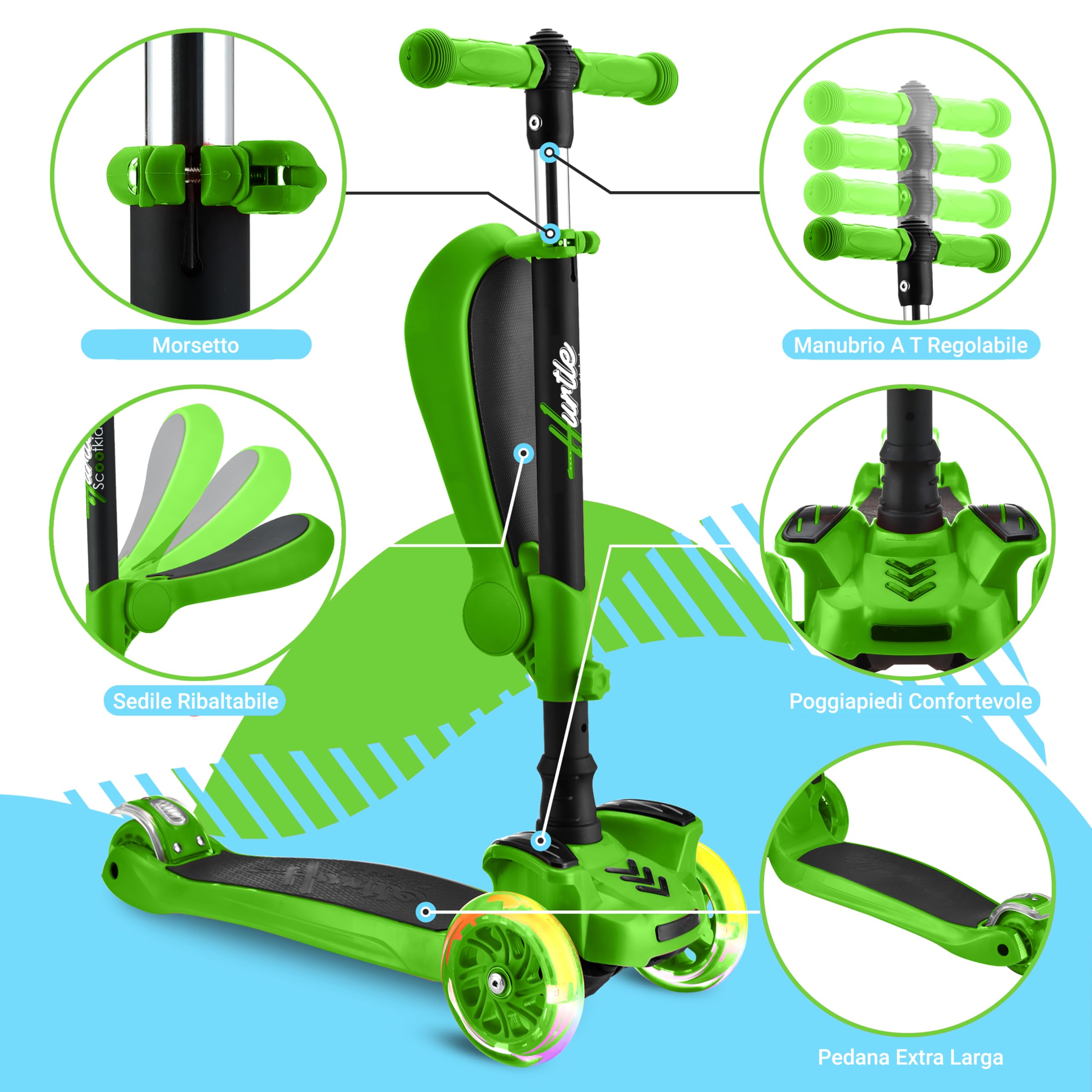 Hurtle Monopattino Bambino, Monopattino Bambina, Monopattino a 3 Ruote, Regolabile in Altezza con Sedile Pieghevole, Scooter per Bambini e Bambine con Ruote LED Multicolore, Dai 1 ai 14 Anni