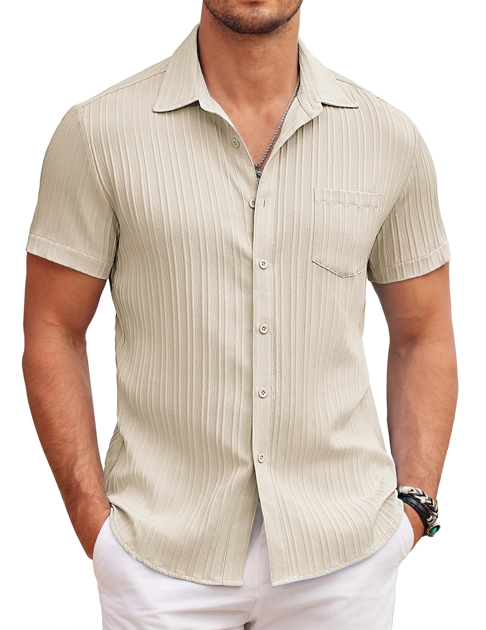 COOFANDY Herren Kurzarm Hemd Casual Sommer Freizeithemd Button Down Strand Hemden Regular Fit mit Brusttasche