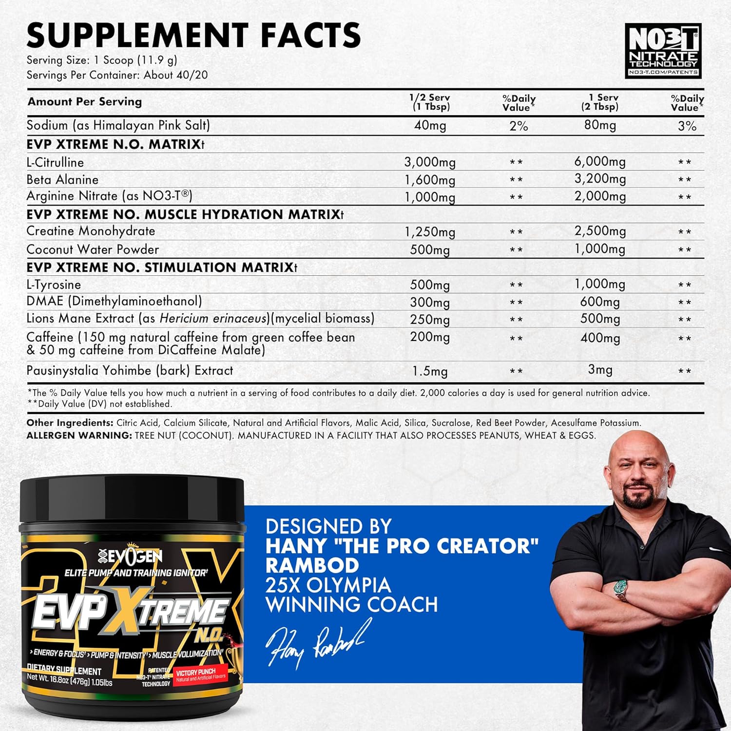Evogen EVP Xtreme NO - Pre Workout Powder for Men & Women | Sugar Free Preworkout with Beta Alanine, Creatine, and Caffeine for Energy & Pump | Victory Punch | 40 Servings