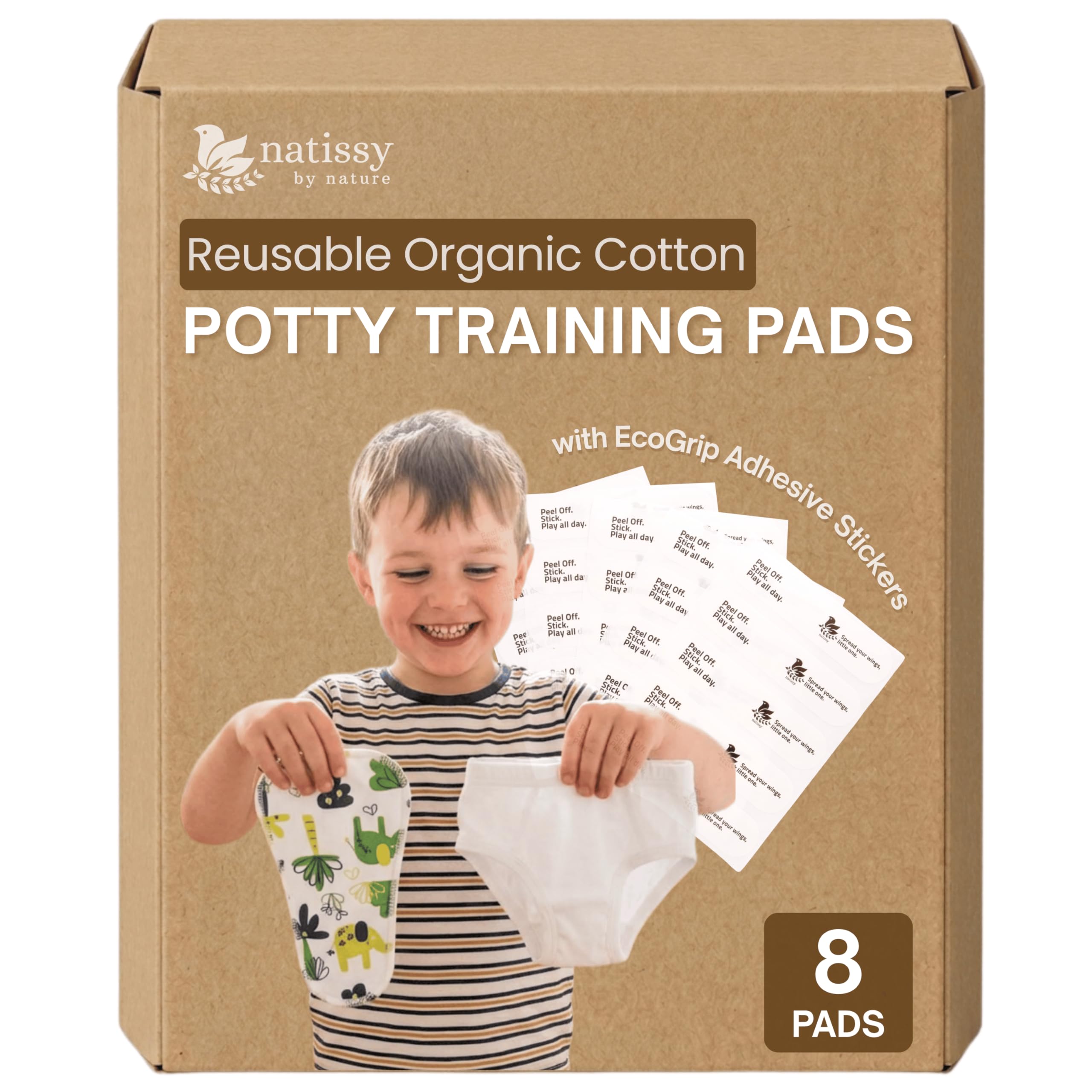 Natissy Reusable Potty Training Pads for Toddlers, Washable, Soft, Absorbent, Leak-Resistant and Skin-Friendly Organic Cotton Inserts - 8-Pack Daily Fit - Made in EU