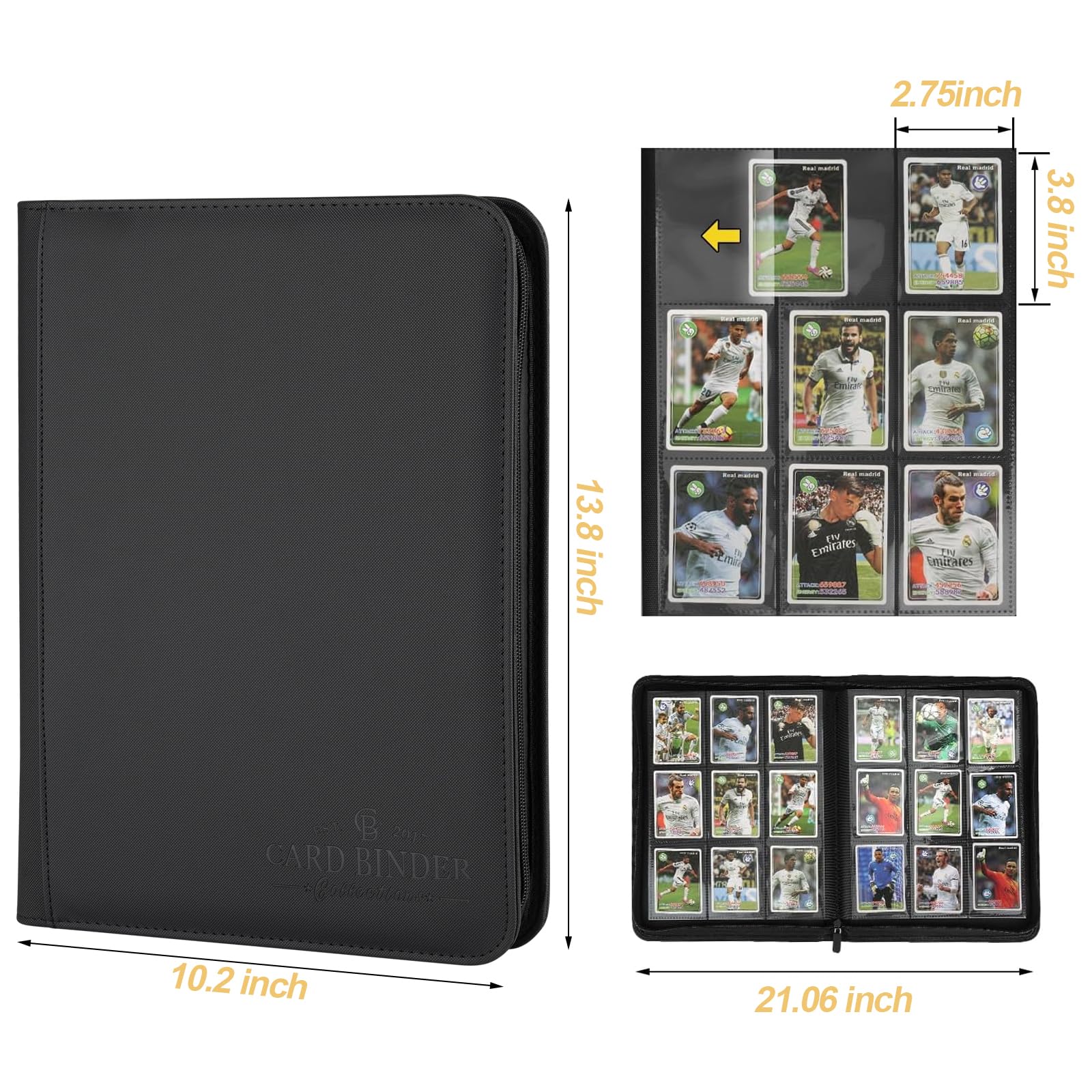 Kartenbinder mit 9 Fächern, Premium-Sammelkartenbinder mit Reißverschluss, 540 doppelseitige Taschen, PU-Sammelbinder, Sammelalbum, Kartenordner für MTG, TCG, Visitenkarten (schwarz)