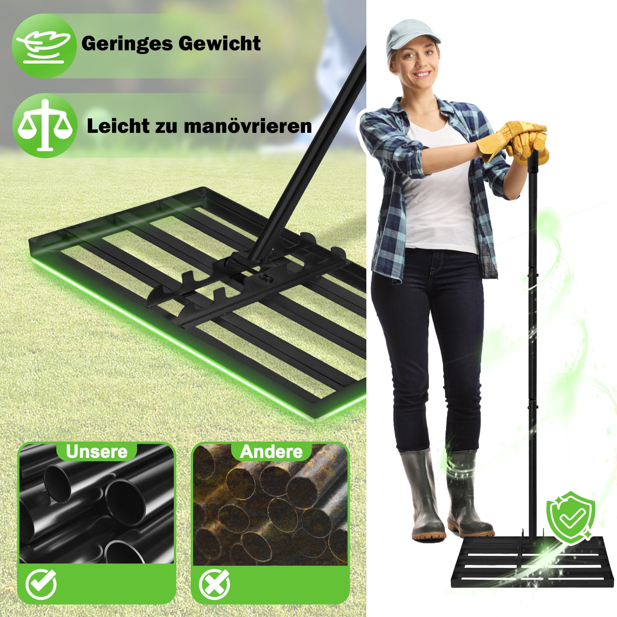 UISEBRT Rasqueta de metal 3 en 1 de 25 x 75 cm, rastrillo de jardín multifunción con mango – Rasqueta para nivelación de césped, arena para jardín, patio, golf, color negro
