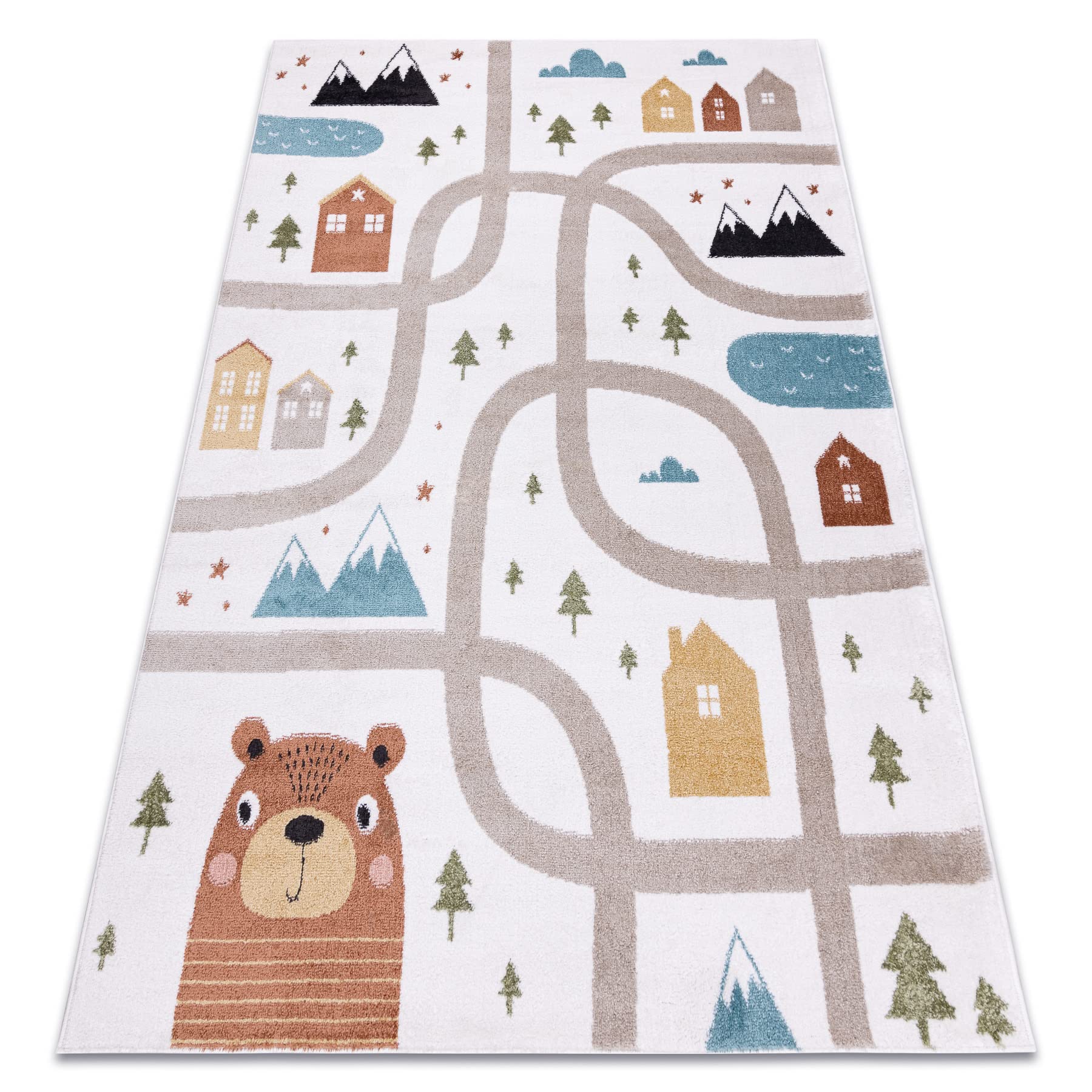 rugsx Tappeto bambini FUN Polar moderno, per la stanza del bambino, tappeti da gioco, camera dei bambini, design originale, Strade, Foresta, crema 200x290 cm