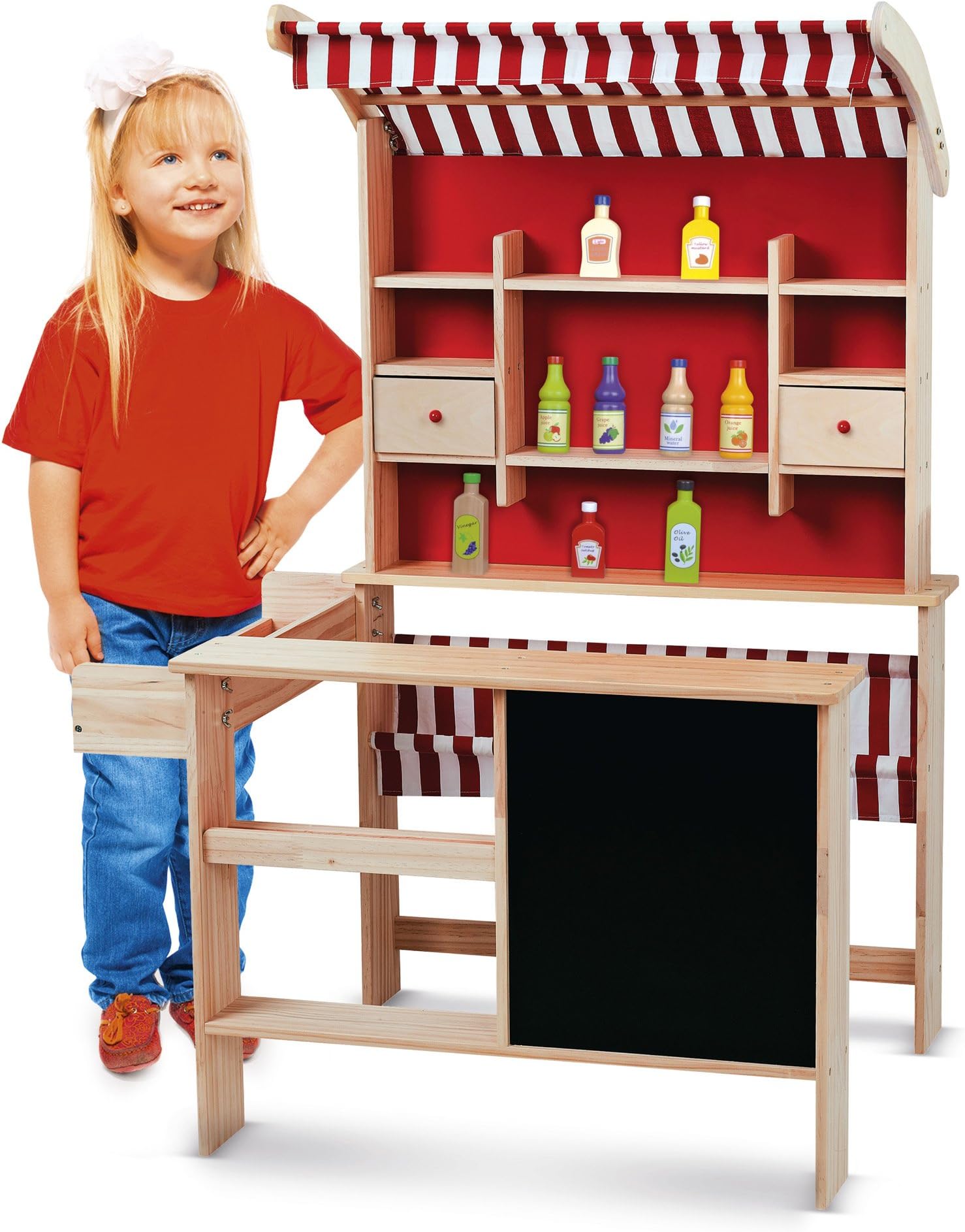 Supermarket with accessories made of wood. Shop for children with a tablet for writing with chalk and accessories.