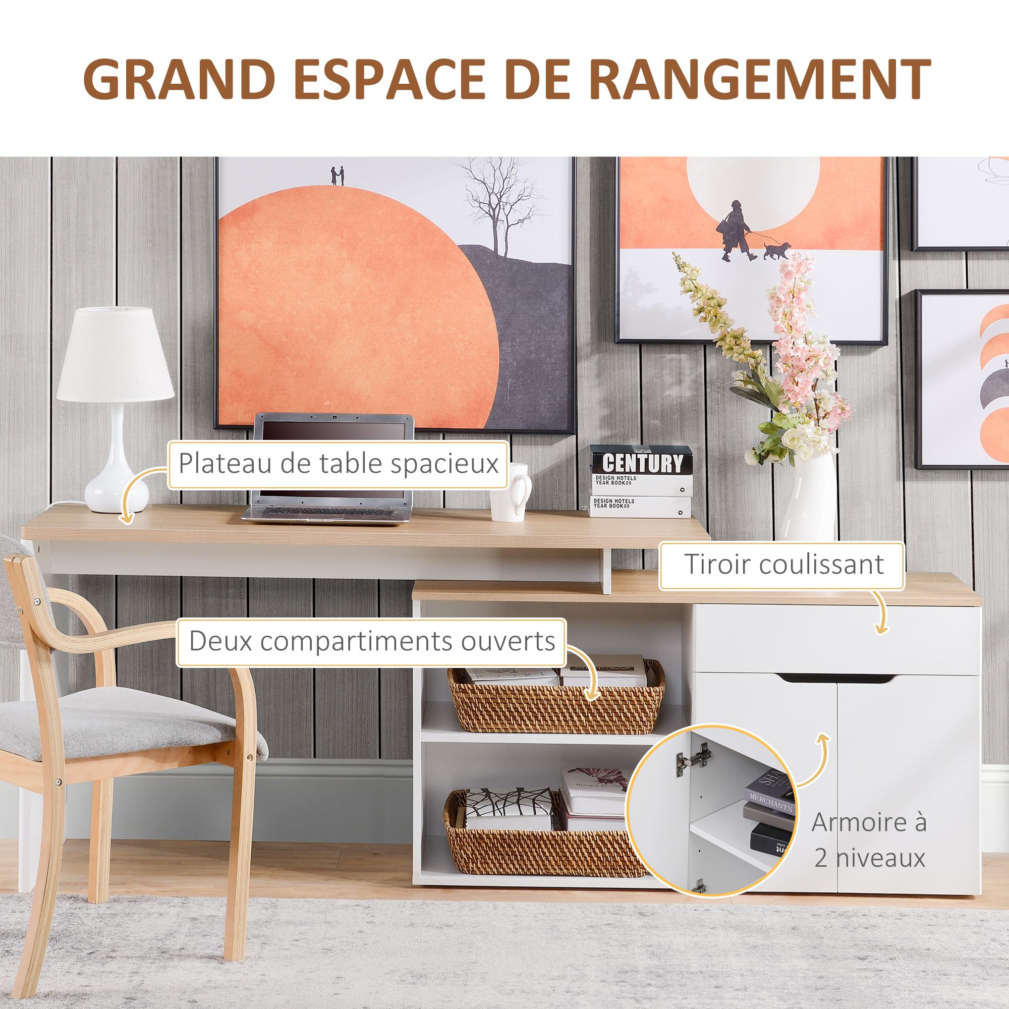 HOMCOM Bureau d'angle Modulable Multi-Rangements Placard Bois Clair Blanc