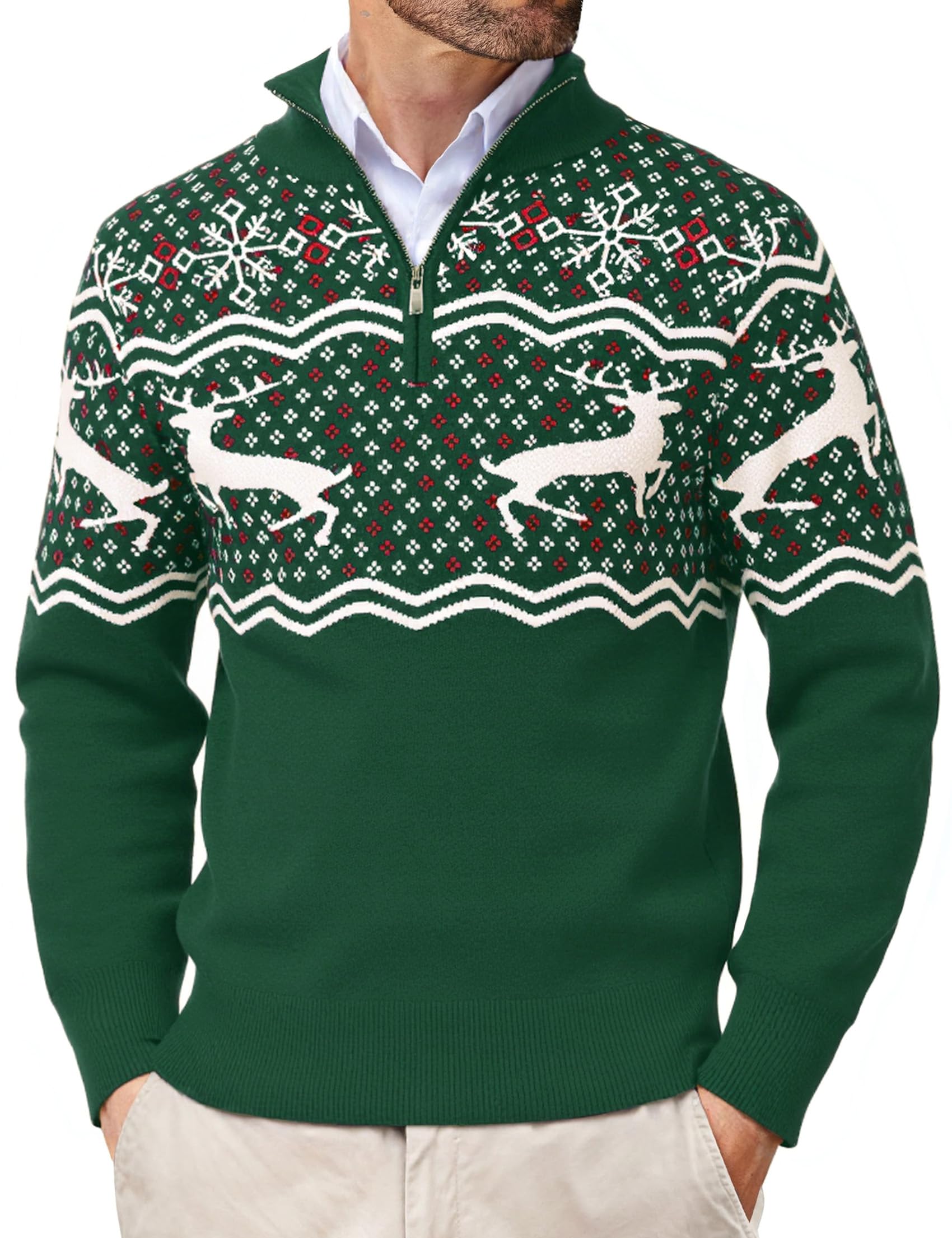 Jersey de Navidad para Hombre Invierno Cuello Alto con Media Cremallera Suéter de Navideñas Punto de Manga Larga S-3XL