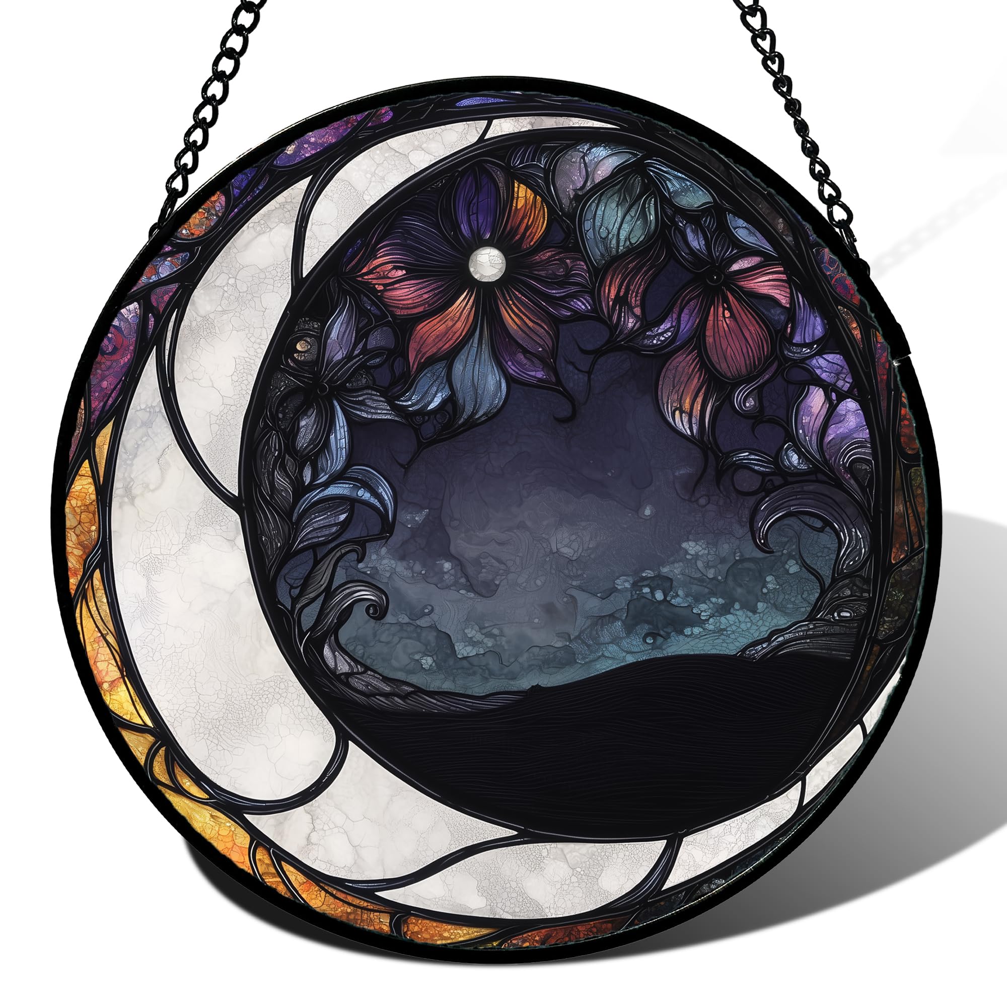JOSUMALY Stained Glass Window Hanging - Black and White Moon Sun Catcher for Door Terrace Garden Home Decor, Abstract Plant Flower Suncatcher Birthday Gifts for Lovers Women Men Dad Mom Nana 6.3 in
