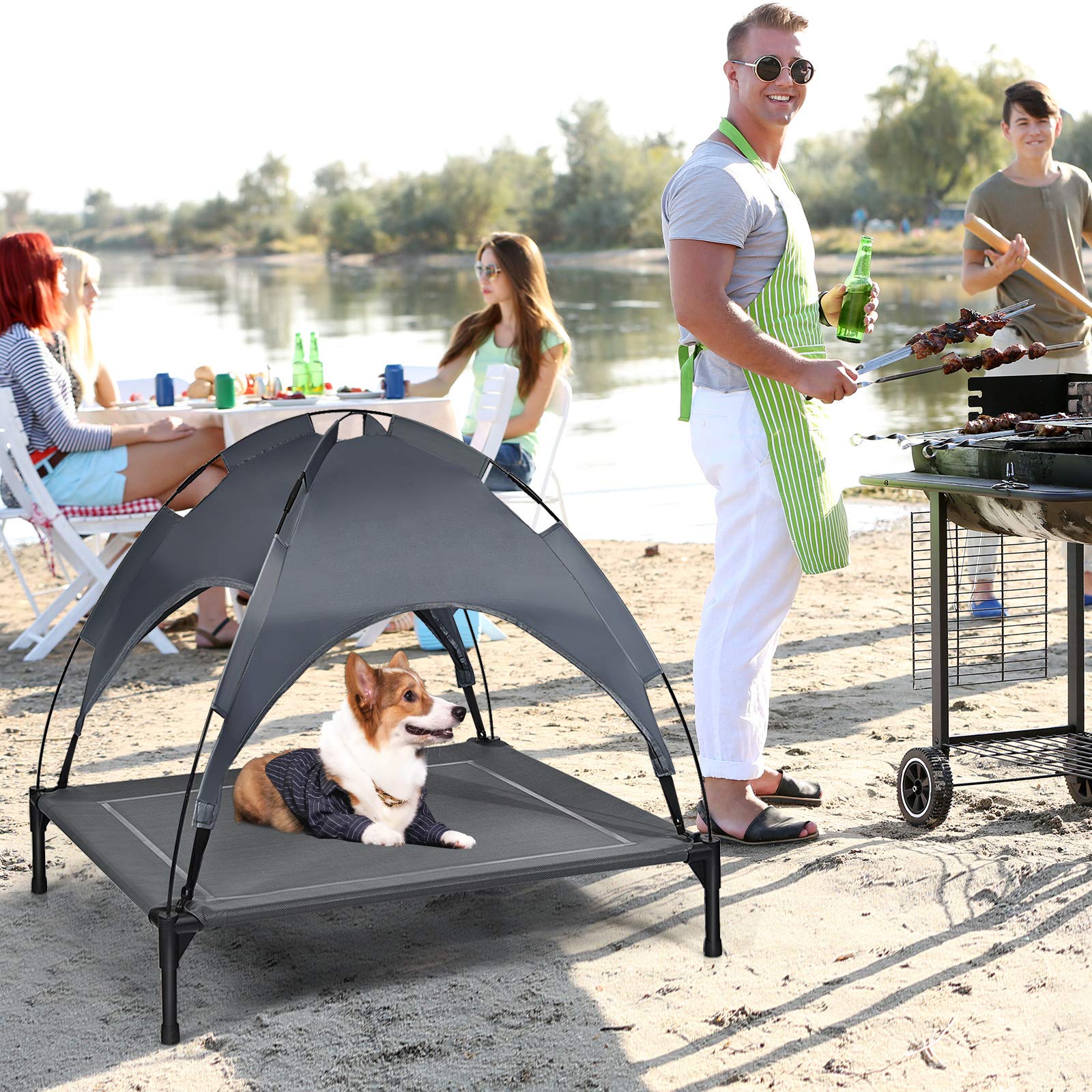 GOPLUS Tumbona para perros con techo, cama elevada para perros, cama para mascotas con marco de hierro, sofá impermeable, cama para perros y gatos con toldo, almohadilla antideslizante para los pies