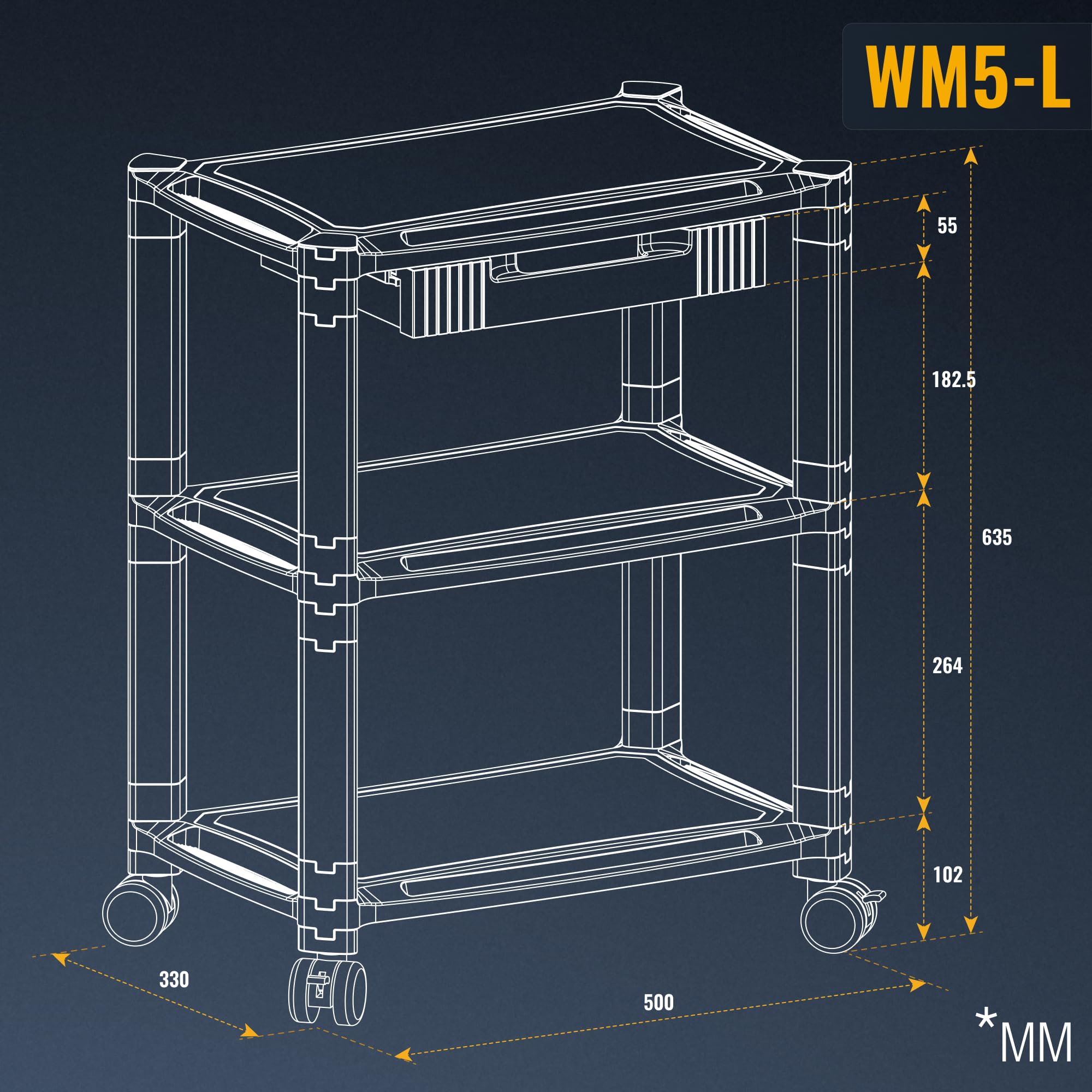 RICOO Rollcontainer mit Schubladen Schreibtisch schwarz WM5-L Rollwagen Schubladenelement modular Rollschrank schmal Bürocontainer Allzweckwagen Druckertisch