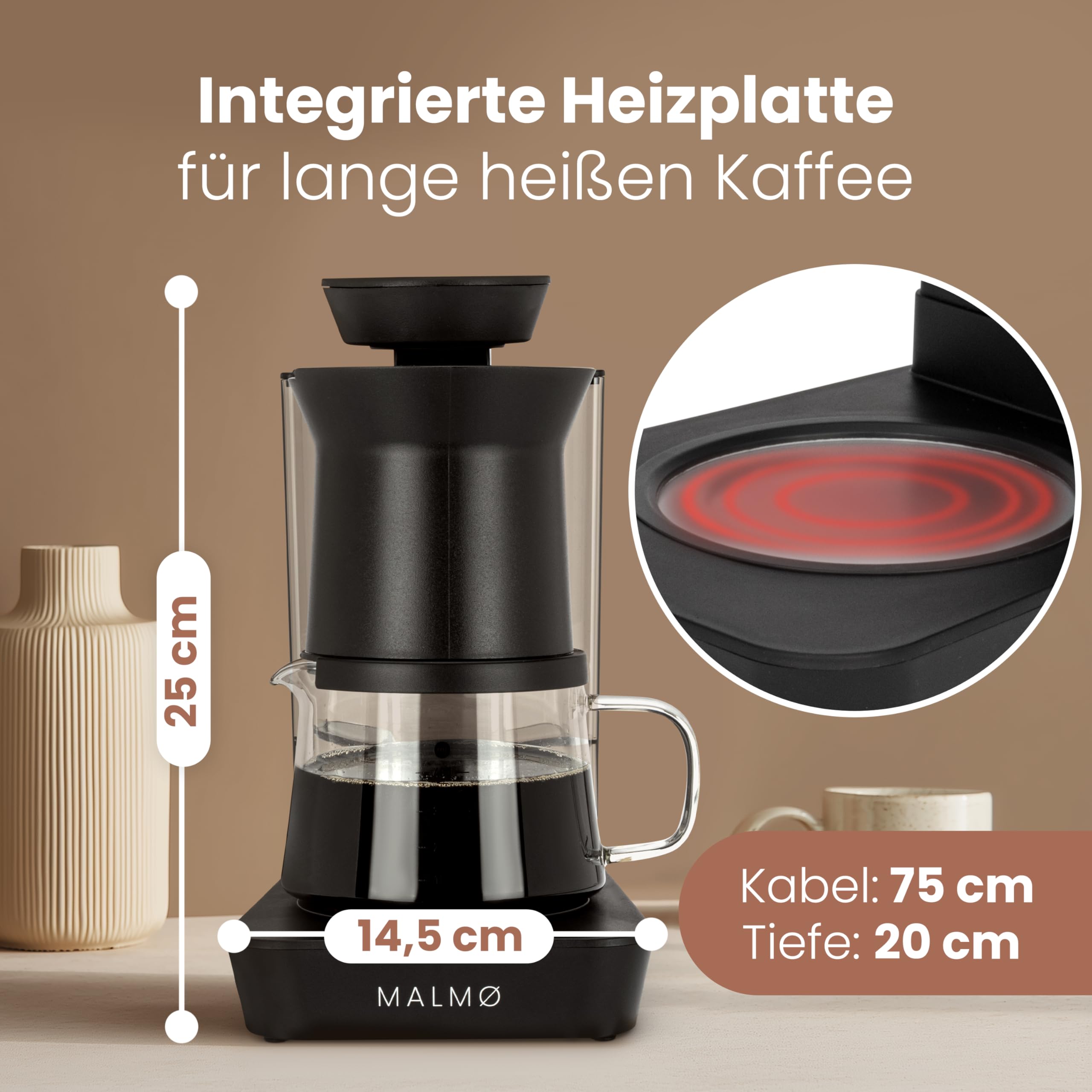 MALMØ Kaffeemaschine klein (400ml) - Filterkaffeemaschine mit Duschkopf Brühsystem - Kaffeemaschine für 1-4 Tassen mit Heizplatte