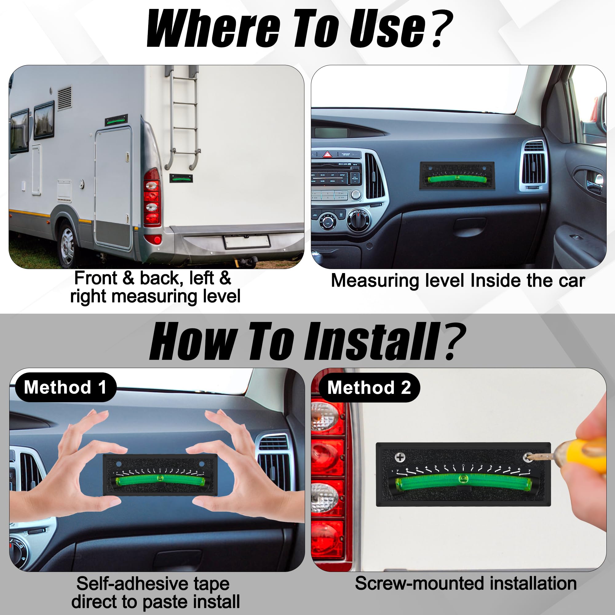 Paquete de 2 + 2 unidades de burbujas autoadhesivas y montadas en la pared, nivel pequeño Larbeti para sistema de nivelación de cámper, RV, remolque, caravana mini niveles de burbuja