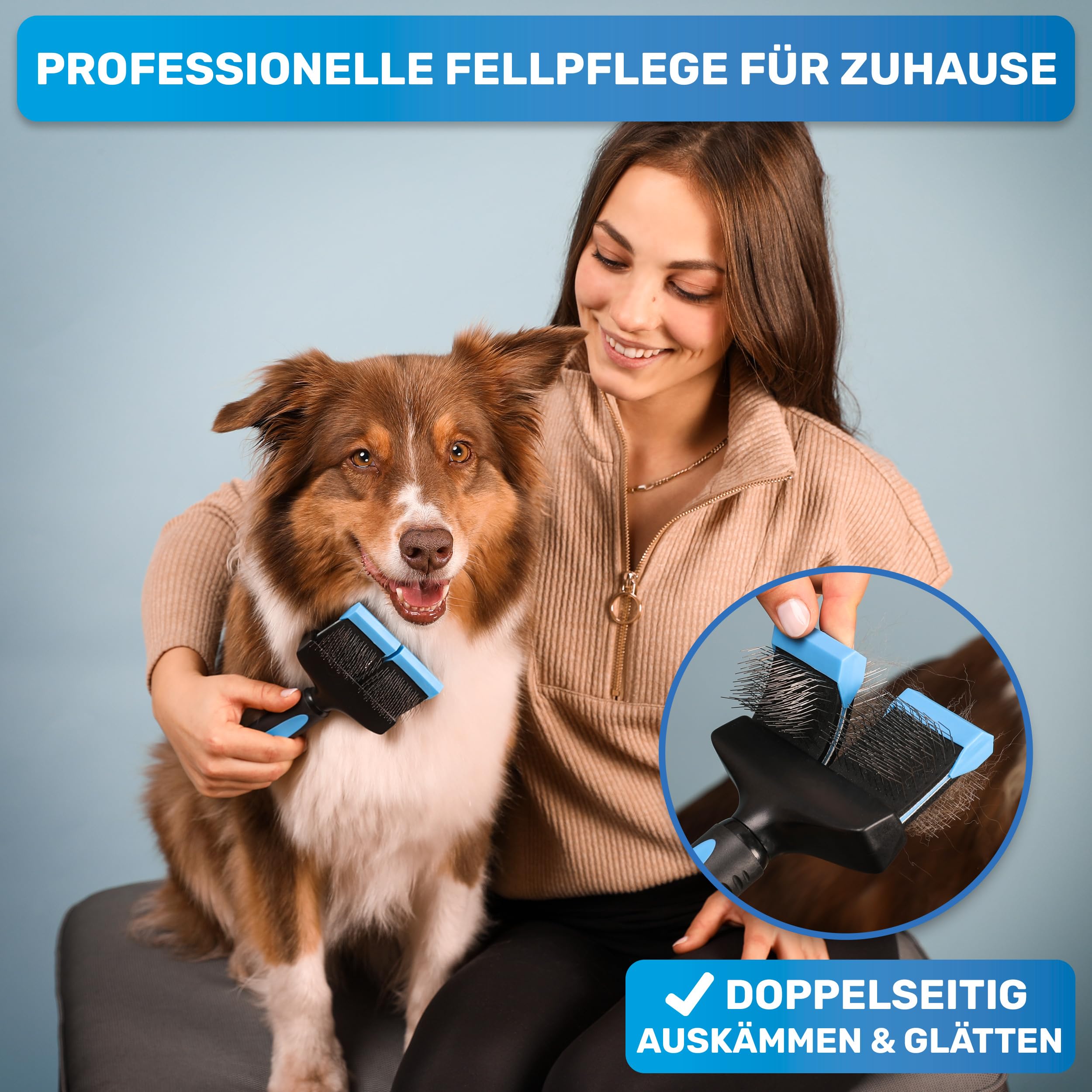 BluePet ZupfZeug Pro Professionelle Hundebürste Langhaar, Flexible Zupfbürste für Hunde & Katzen I Entfernt sanft Unterwolle, Verfilzungen & Knoten (Doppelkopf Blau)