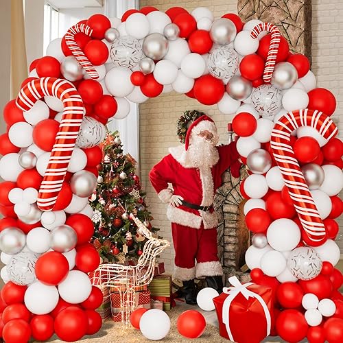 Bonropin Kit de arco de guirnalda de globos de Navidad con globo de bastón de Navidad, rojo, blanco y plateado, caja de regalo para decoraciones de