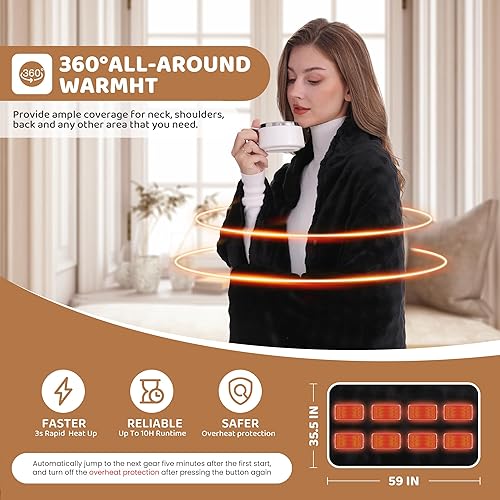 Miniatura 3 de Manta térmica, manta eléctrica inalámbrica con paquete de baterías, manta térmica portátil de 59 x 35.5 pulgadas y 3 niveles de calentamiento