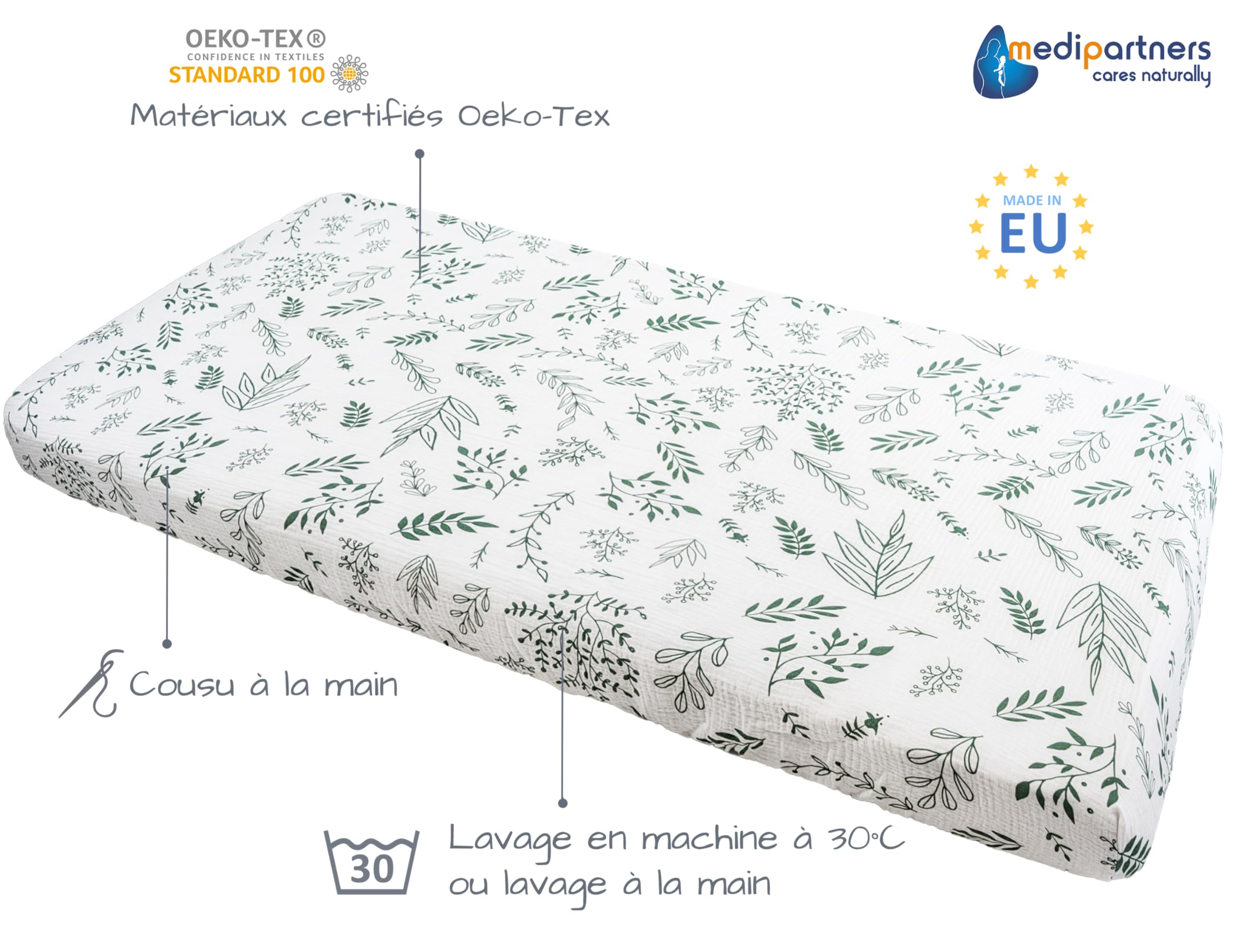 Medi Partners Drap Housse 60x120 Lot de 3 Draps lit Bebe Matelas Enfant Bébé - 100% Coton Fitted Draps Lit pour Baby Bed Cover Sheets Matela literie Mattress Couette(Feuille d'olivier-Blanche-Olive)