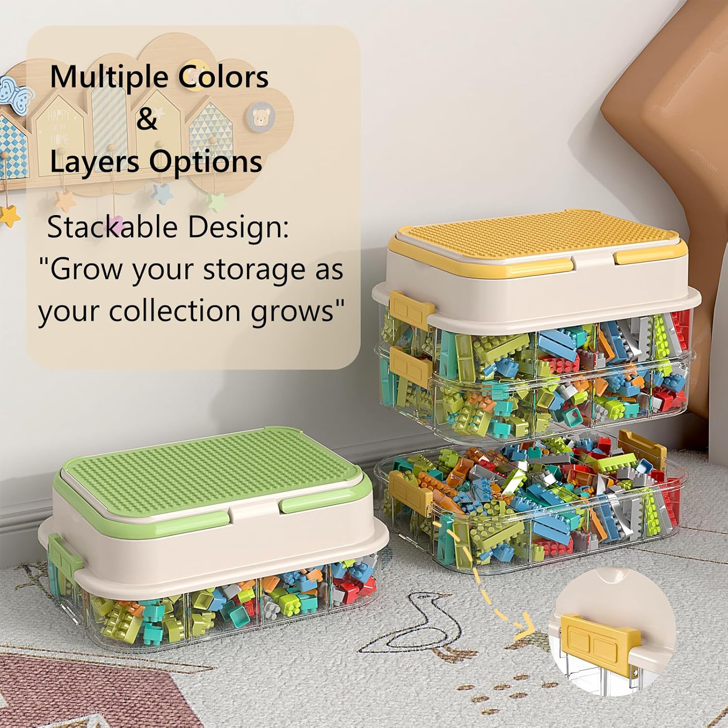 joyingbaby Toy Storage Organizer Box with Handle, Stackable Building Block Toy Box with Building Plate Lid & Removable Sorting Trays, Cubby Bins and Containers 3 Layer (Lemon)