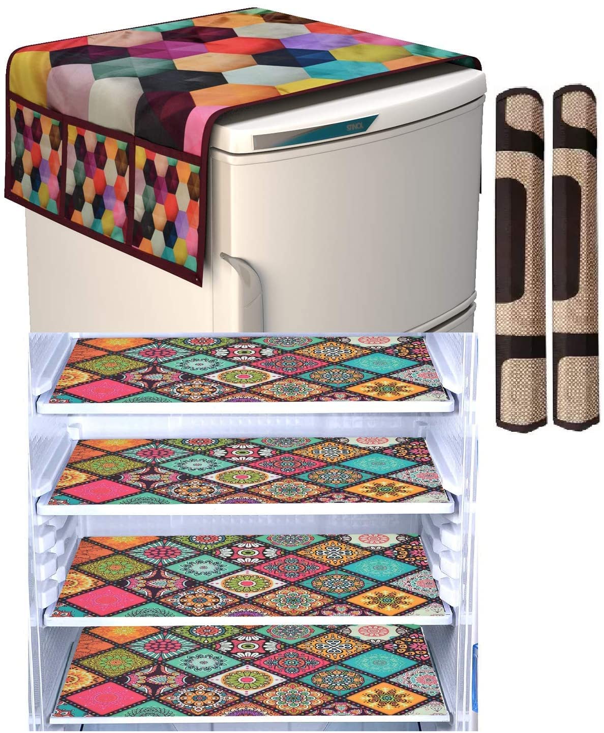 BLUEDOT'S Digital Printed 1 Fridge Top Cover with 2 Handle Cover and 4 Fridge mat (Pack of 7)(Multicolor)