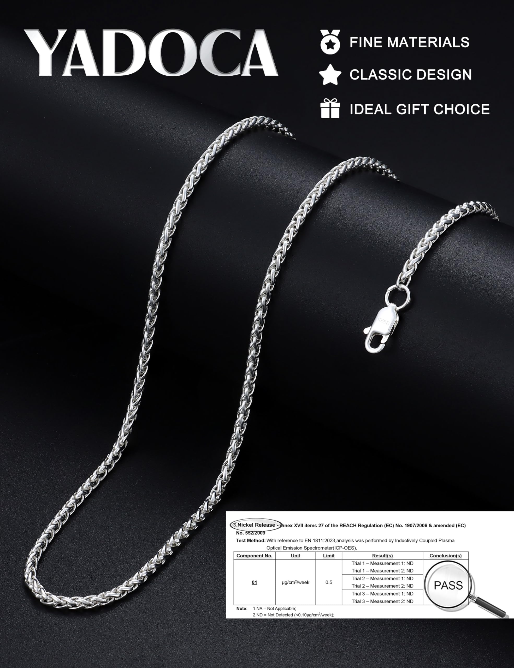 YADOCA Collana Uomo Argento 925 Collana Argento Uomo Spiga Catene Ipoallergeniche Catena Robusta all'Acqua Gioielli di Moda Regalo Lunghezza 46/51/56 CM