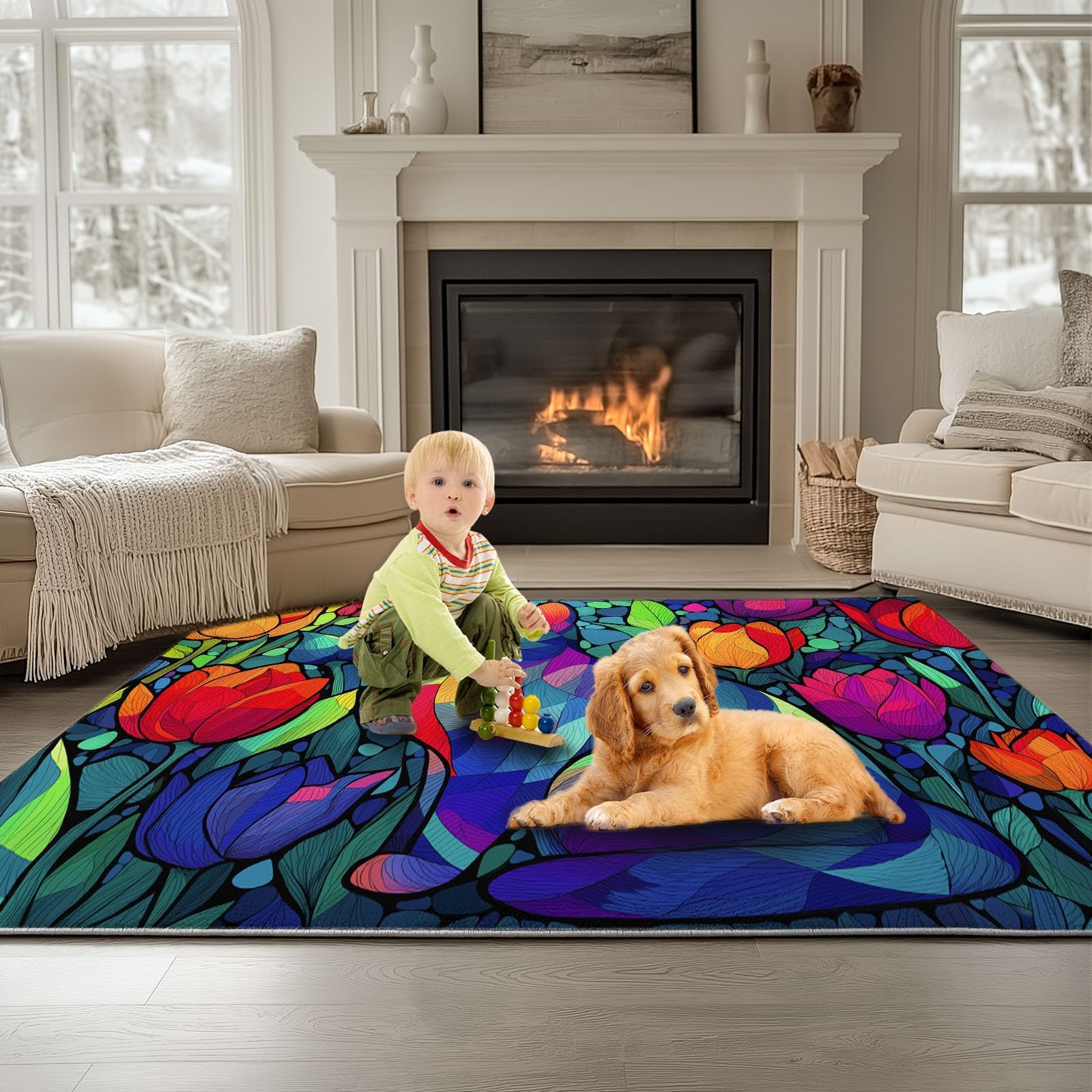 Generisch Miękki, antypoślizgowy szklany dywan z motywem kota, tulipanów, kwiaty, krótkie runo, zielony, 180 x 240 cm, nadaje się do prania, do salonu i sypialni, łatwy w pielęgnacji, do jadalni i