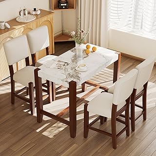 5-Piece Counter Height Dining Set with Faux Marble Tabletop & Upholstered Chairs - Mid-Century Modern Space-Saving Design for Small Kitchens, Apartments, and Dining Rooms