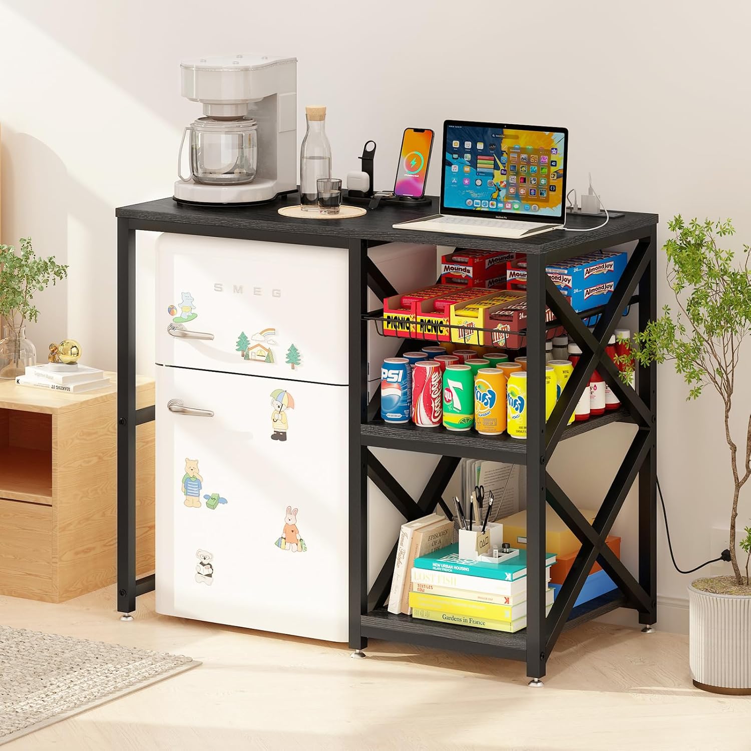 Kitchen Bakers Rack with Power Outlet,Mini Fridge Cabinet with Mesh Basket, Mini Fridge and Microwave Table with Storage for Office,Kitchen,Living Room,Coffee Bar,Patio, Black