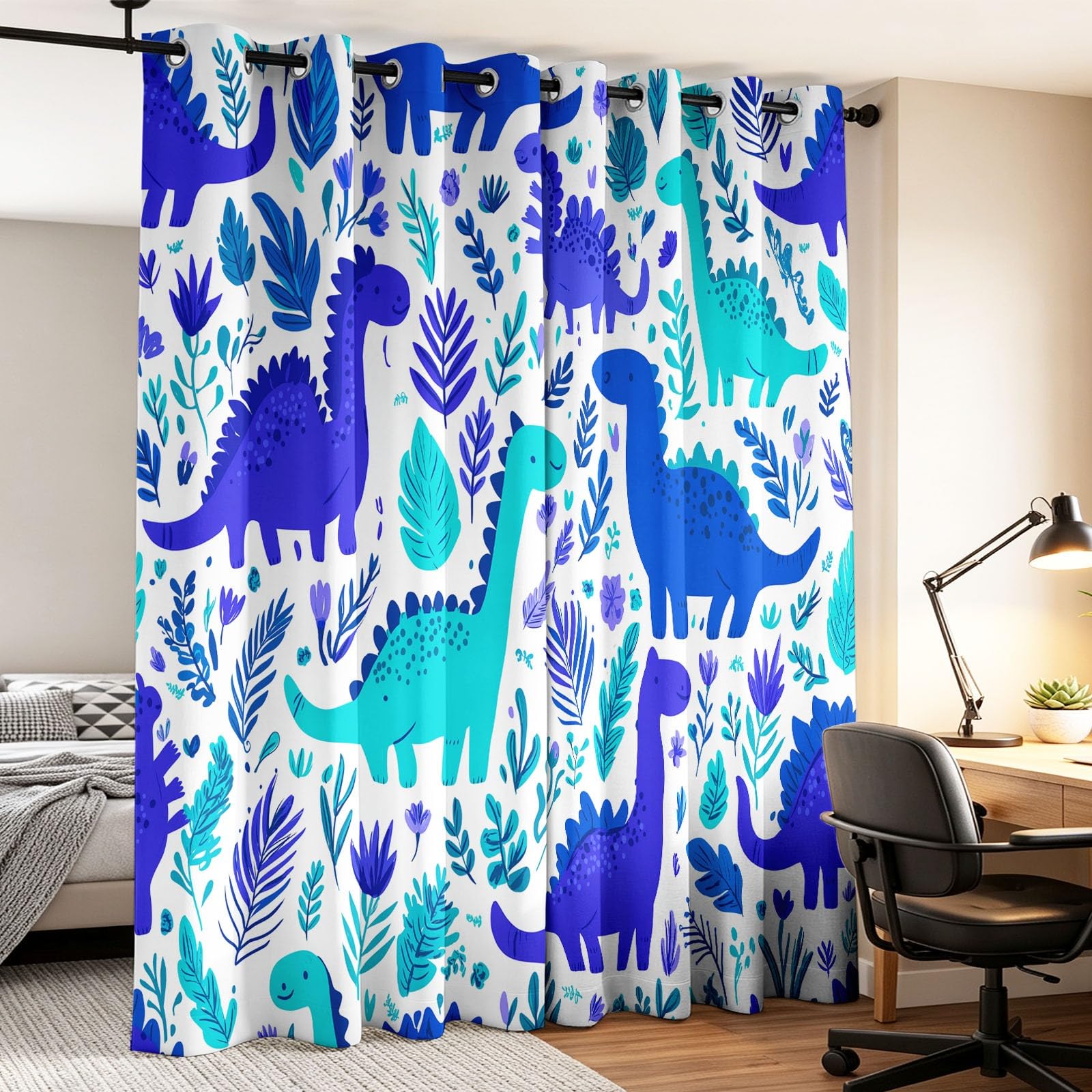 Cortina opaca con diseño de dibujos animados de animales, reducción de ruido, cortinas opacas con ojales, diseño de hojas de dinosaurio, para salón, dormitorio, habitación infantil, decoración, 140 x