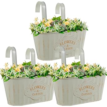 Set of 3 Hanging Pots Set Vintage Metal Plant Pot Milky Planter with Hooks Hanging Flower Pots for Outdoor Plants Balcony Garden 27 x 14.5 x 24 cm 3 Pieces