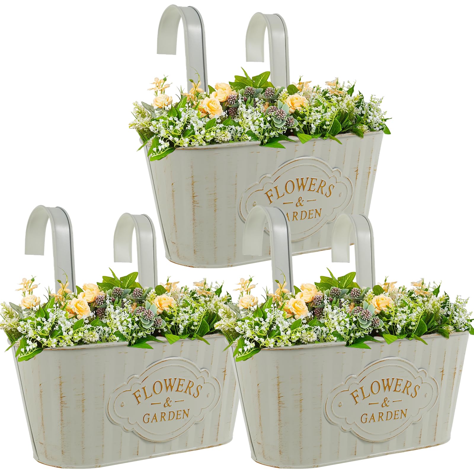 Gatphy 3Pcs Hanging Flower Pots Outdoor For Fence, Metal Hanging Flower Bucket With Drainage Decorative Railing Planter Box Metal Bucket Planter For Porch Railing Balcony Fence Patio(3Pcs)