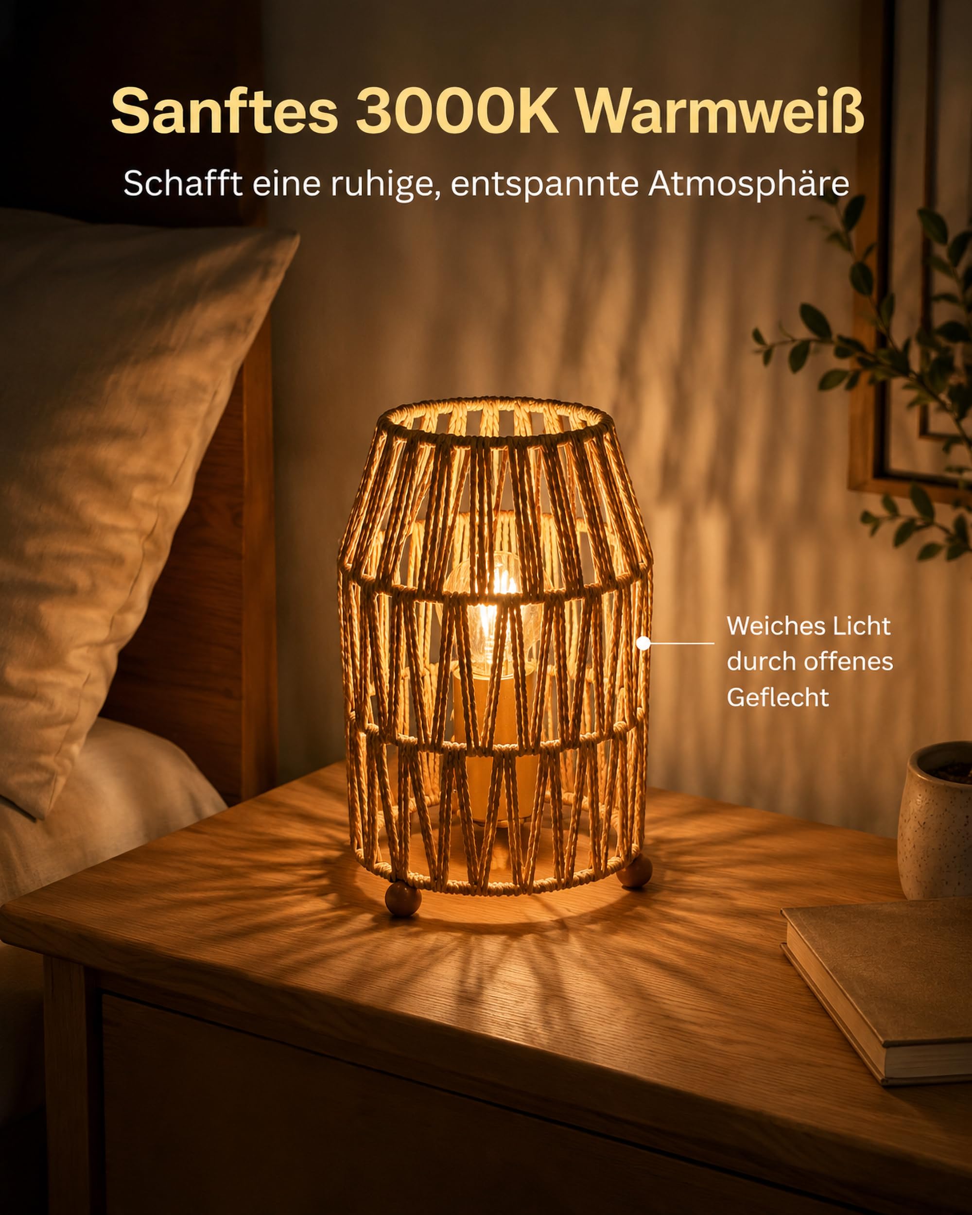 LANMOU Mała lampka nocna, zestaw 2 szt., plecionka papierowa, E27, vintage retro | 5 W LED, 3000 K ciepła biel, do sypialni i salonu