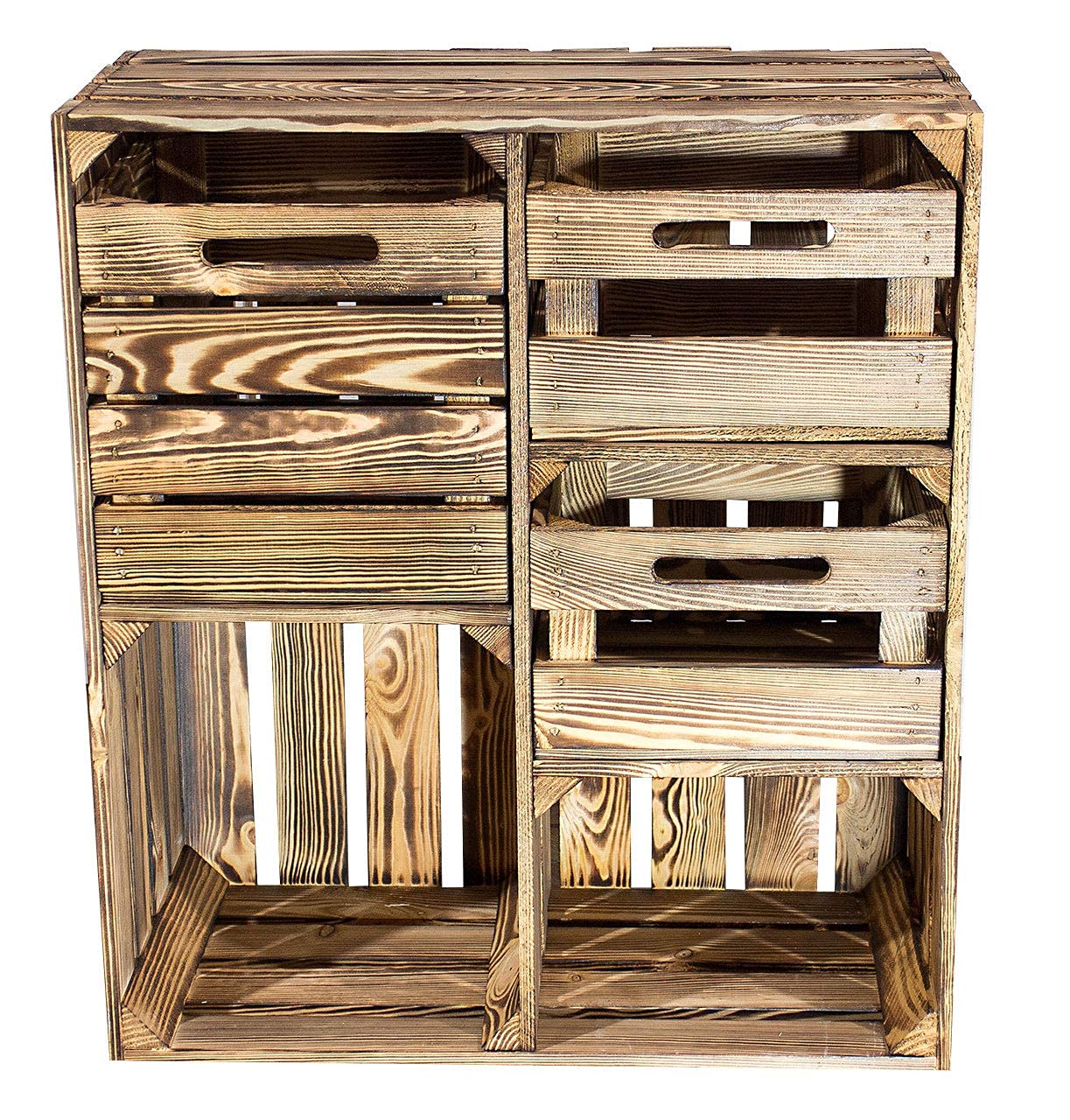 Großes Vintage Holzregal mit fünf Fächern, Holzkiste neu, 68x35x77cm (Geflammt mit Schubladen)