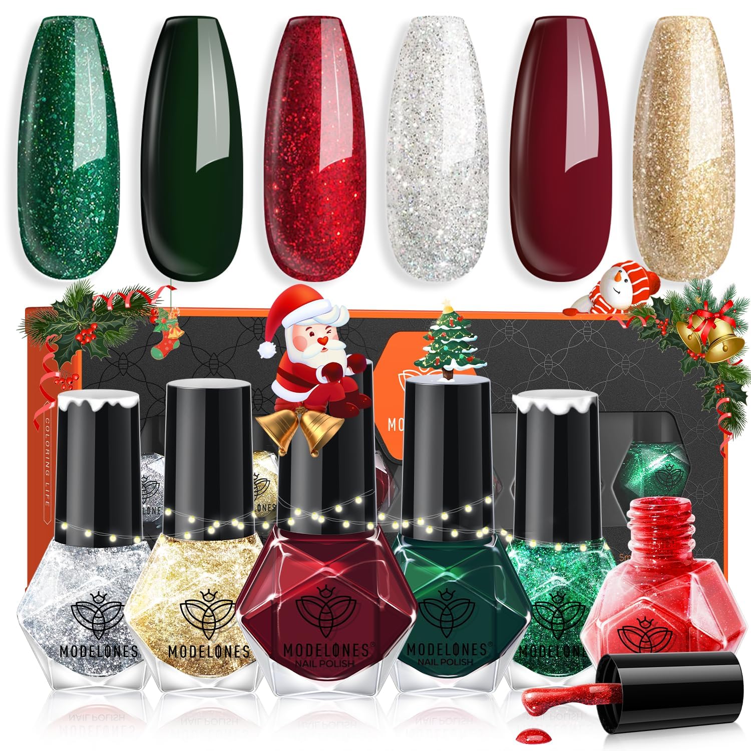 modelones Christmas Nail Polish Set 6 Colors Red Green Glitter Gold Silver Mini Nail Polish Kit Quick Dry Manicure Nail Art Manicure DIY Home Salon Gift for Women Mom