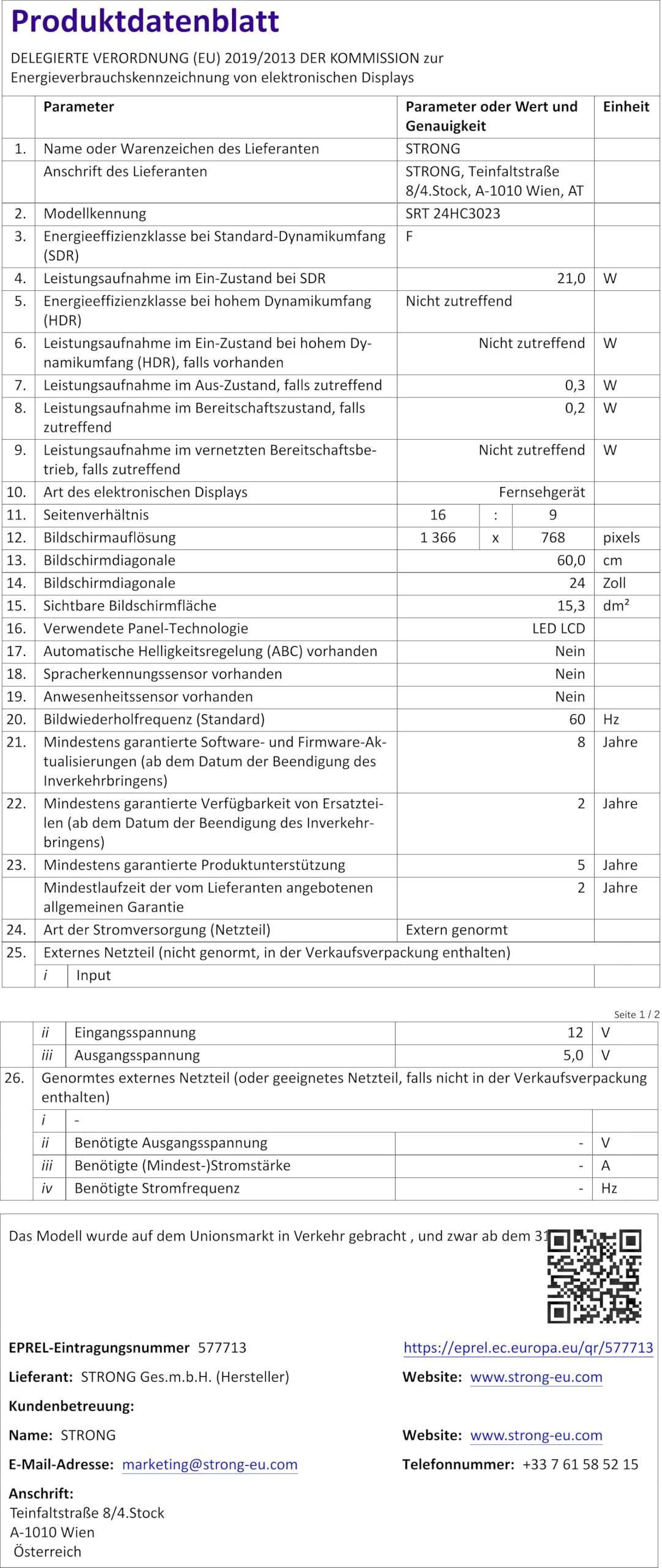 Produktdatablad for STRONG SRT 24HC3023 TV med detaljeret energiforbrug og tekniske specifikationer.