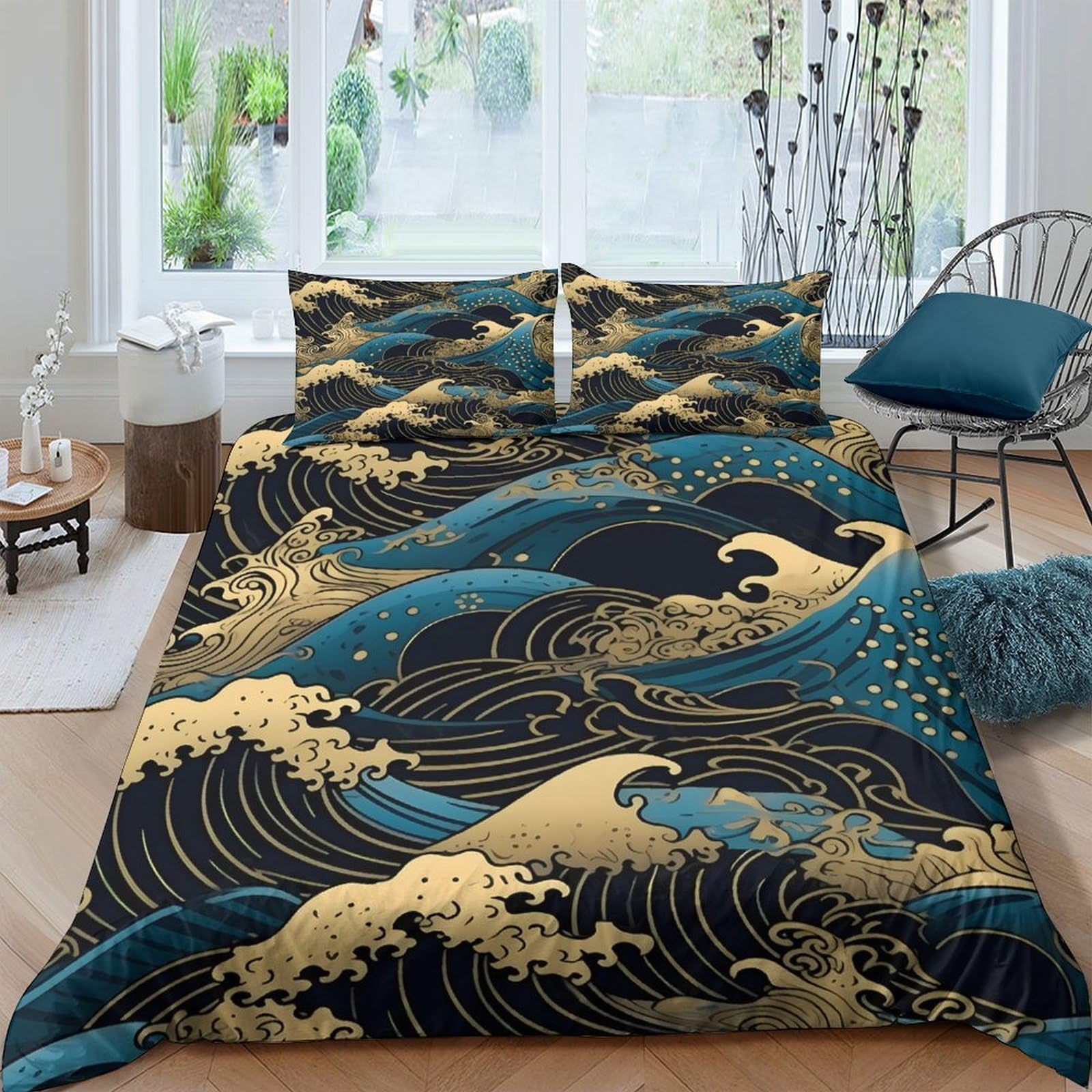 Ctjqhvkz Style-2 3D Printed Japanese Wave Fitted Sheet Microfiber Blue Gold Abstract Ocean Mattress Cover Bedroom Decor Single（135X200cm）