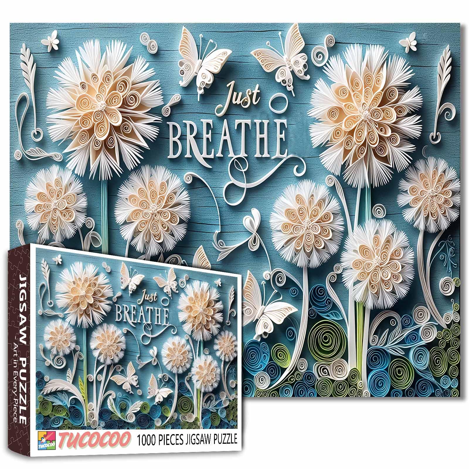 Inspirational Quotes Saying 1000 Piece Jigsaw Puzzle for Adults Students Just Breathe Dandelions and Butterflies Soft Tones Nature Pattern 20×27 Inches Puzzles Relaxing Mindful Gift Home Wall Decor