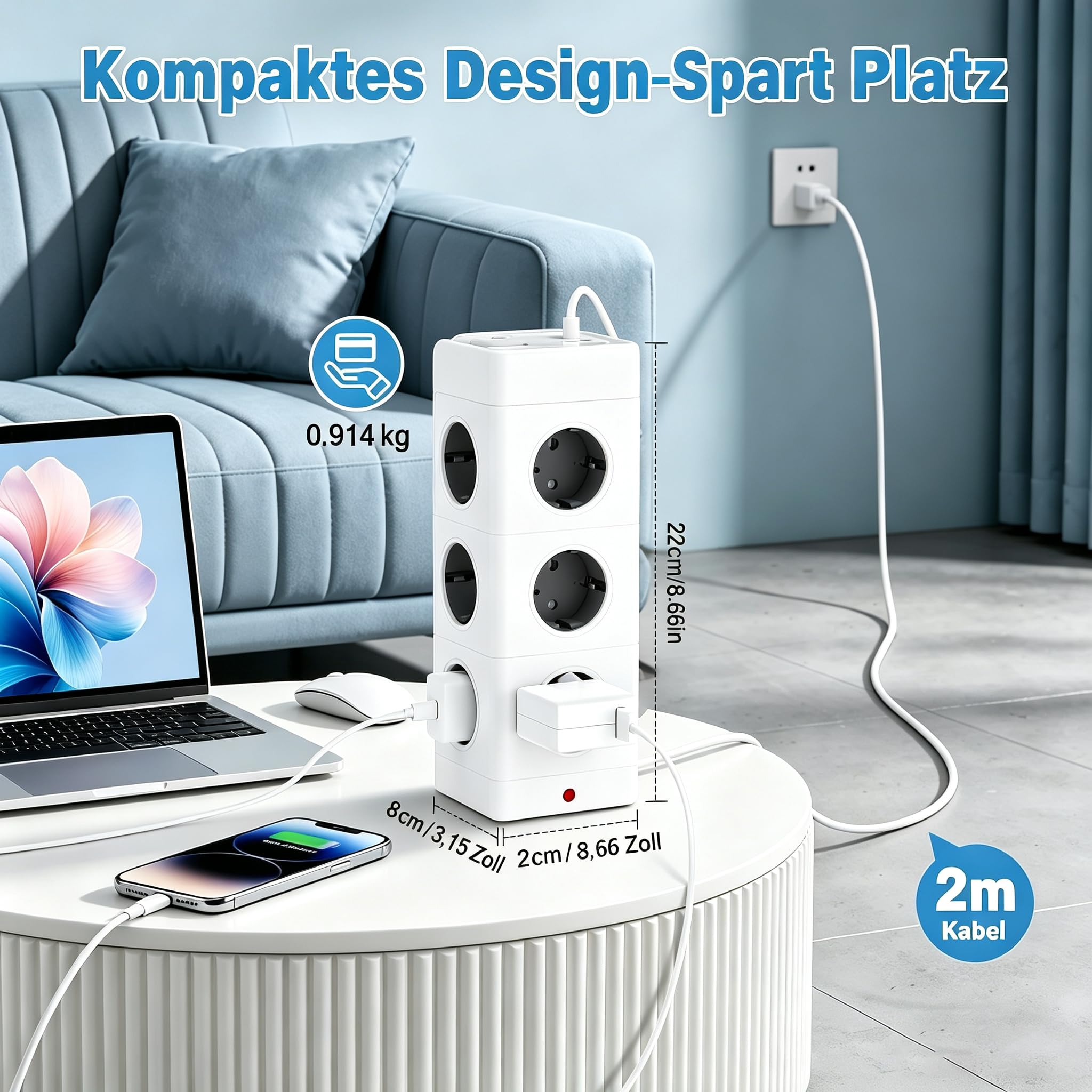 12 Fach Mehrfachsteckdose mit 2 USB-C und 2 USB-A Mehrfachstecker