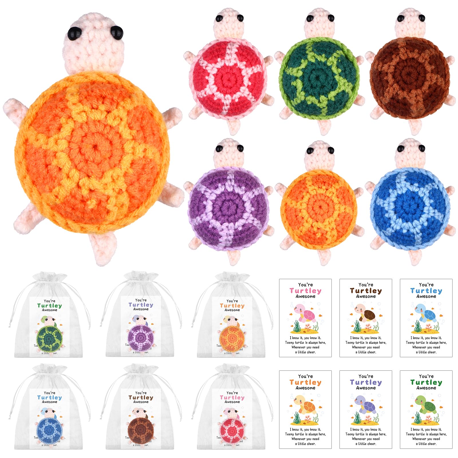 6 Sets You're Turtley Awesome Gifts Funny Crochet Turtle Gift Handmade Crochet Animals with Greeting Cards Bags Employee Appreciation Gifts for Coworker Staff Volunteer Teacher Inspirational