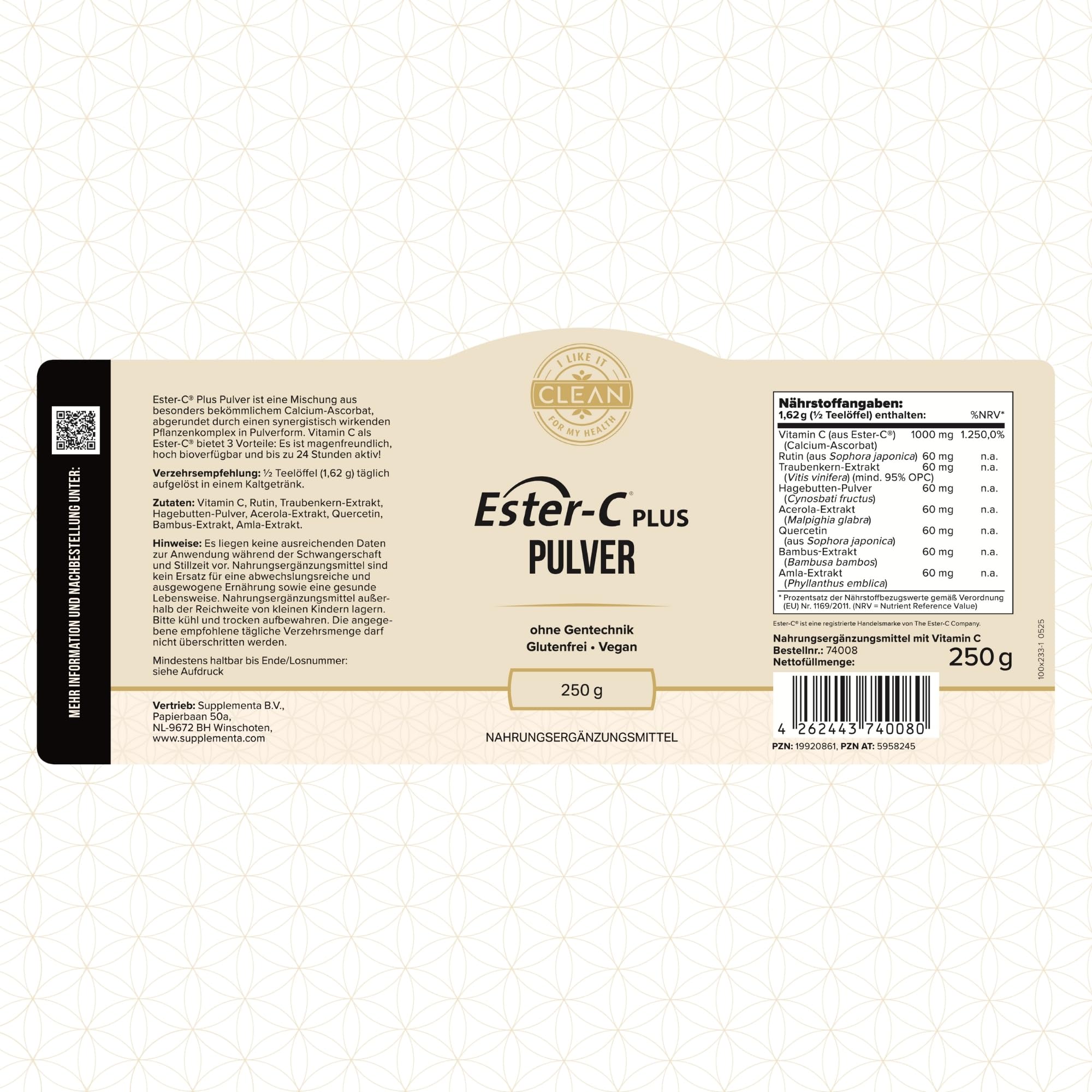 I-like-it-Clean® - Ester-C® Plus Pulver - 250 g - vegan, klinisch geprüfter Rohstoff, synergistischer Komplex, 1000mg Vitamin C pro Tagesdosis - ohne unerwünschte Zusätze & in Frankreich abgefüllt