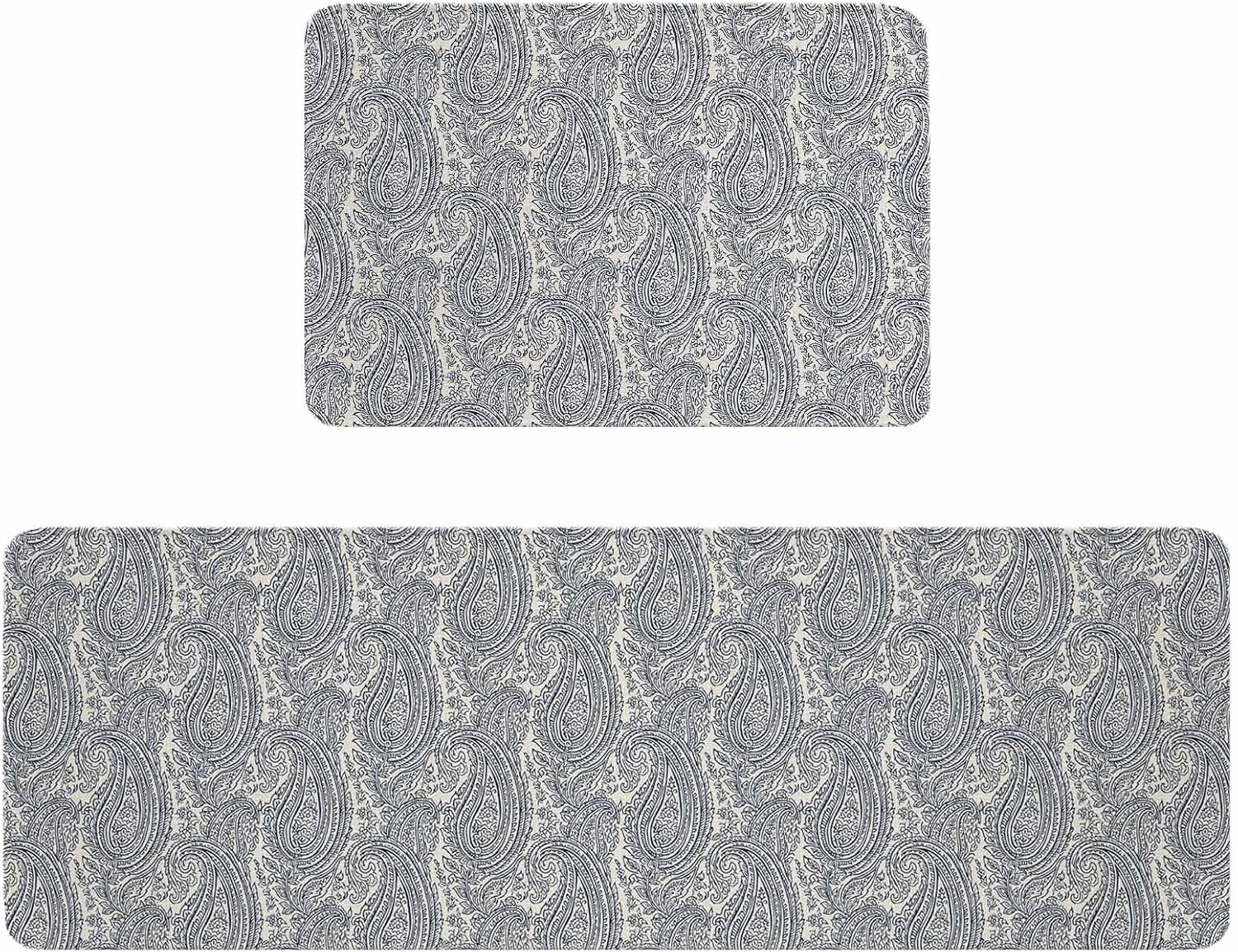 Paisley Kitchen Rugs and Mats Set of 2, Non-Slip Kitchen Sink Mat, Vintage Mediterranean Abstract Texture Gray Blue Washable Doormat Bathroom Rugs Runner for Bedroom 23.6"x35.4"+23.6"x70.9"